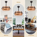 Bohemian 20 Inch Rattan Caged Retractable Ceiling Fan with Light Quiet DC Motor Reversible Down Rod Ceiling Fan with Light Farmhouse Remote Control and Adjustable 6 Speed Ceiling Fan Suit for Bedrooms, Kitchens, Living Rooms