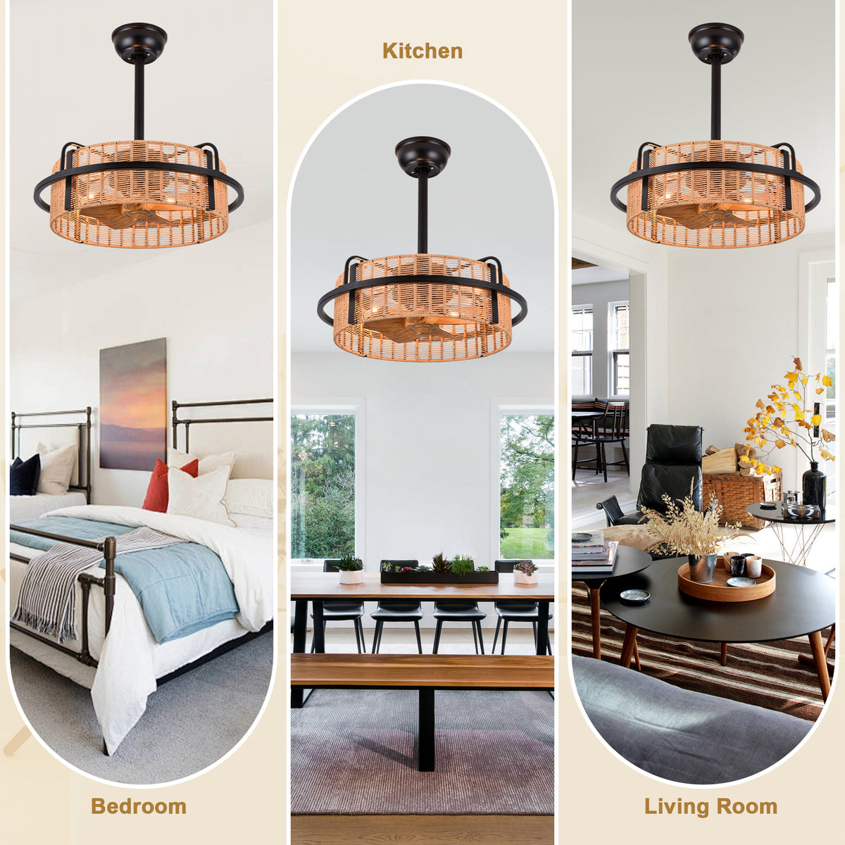 Bohemian 20 Inch Rattan Caged Retractable Ceiling Fan with Light Quiet DC Motor Reversible Down Rod Ceiling Fan with Light Farmhouse Remote Control and Adjustable 6 Speed Ceiling Fan Suit for Bedrooms, Kitchens, Living Rooms