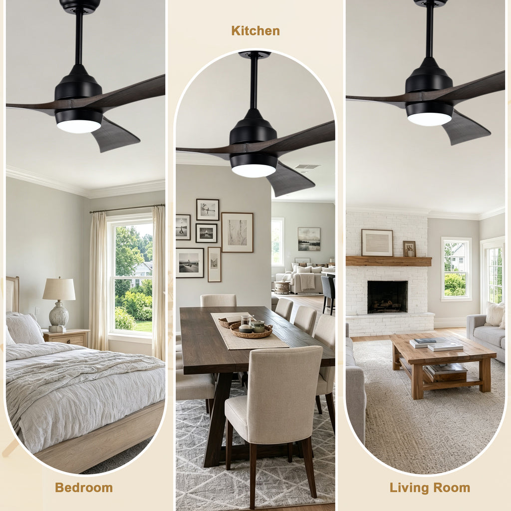 52 Inch Modern Farmhouse Black 3 Blade Ceiling Fan with Lights & Remote Control, 6 Speed DC Motor Reversible Ceiling Fan