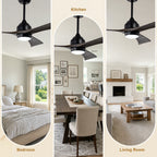 52 Inch Modern Farmhouse Black 3 Blade Ceiling Fan with Lights & Remote Control, 6 Speed DC Motor Reversible Ceiling Fan