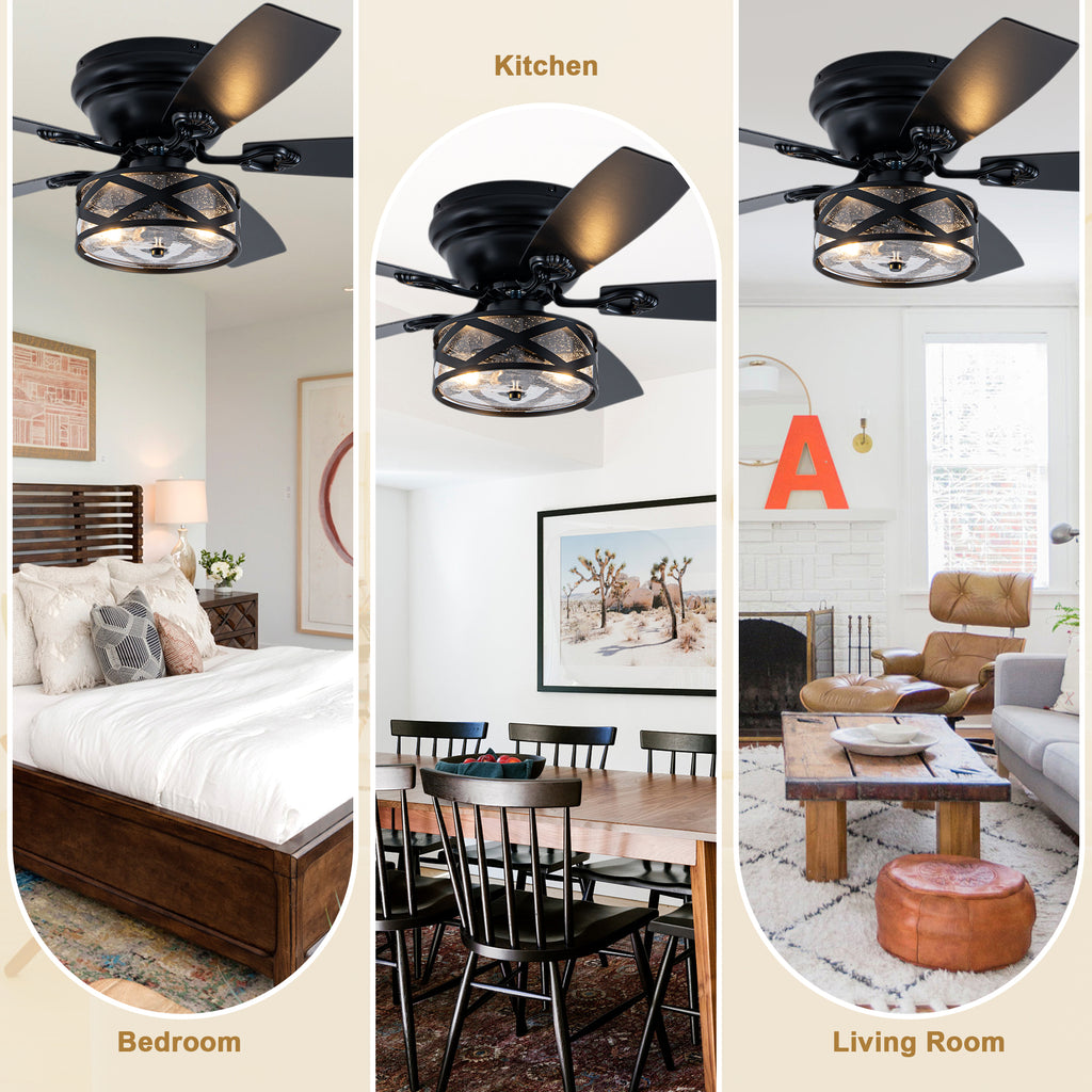 Farmhouse 52 Inch Caged  Flush Mount Ceiling Fan with Light Quiet Reversible DC Motor with 5 Fan Blades Ceiling Fan with Light Remote Control Adjustable 6 Speed Ceiling Fan with Light Suit for Bedrooms, Living Rooms, Kitchens