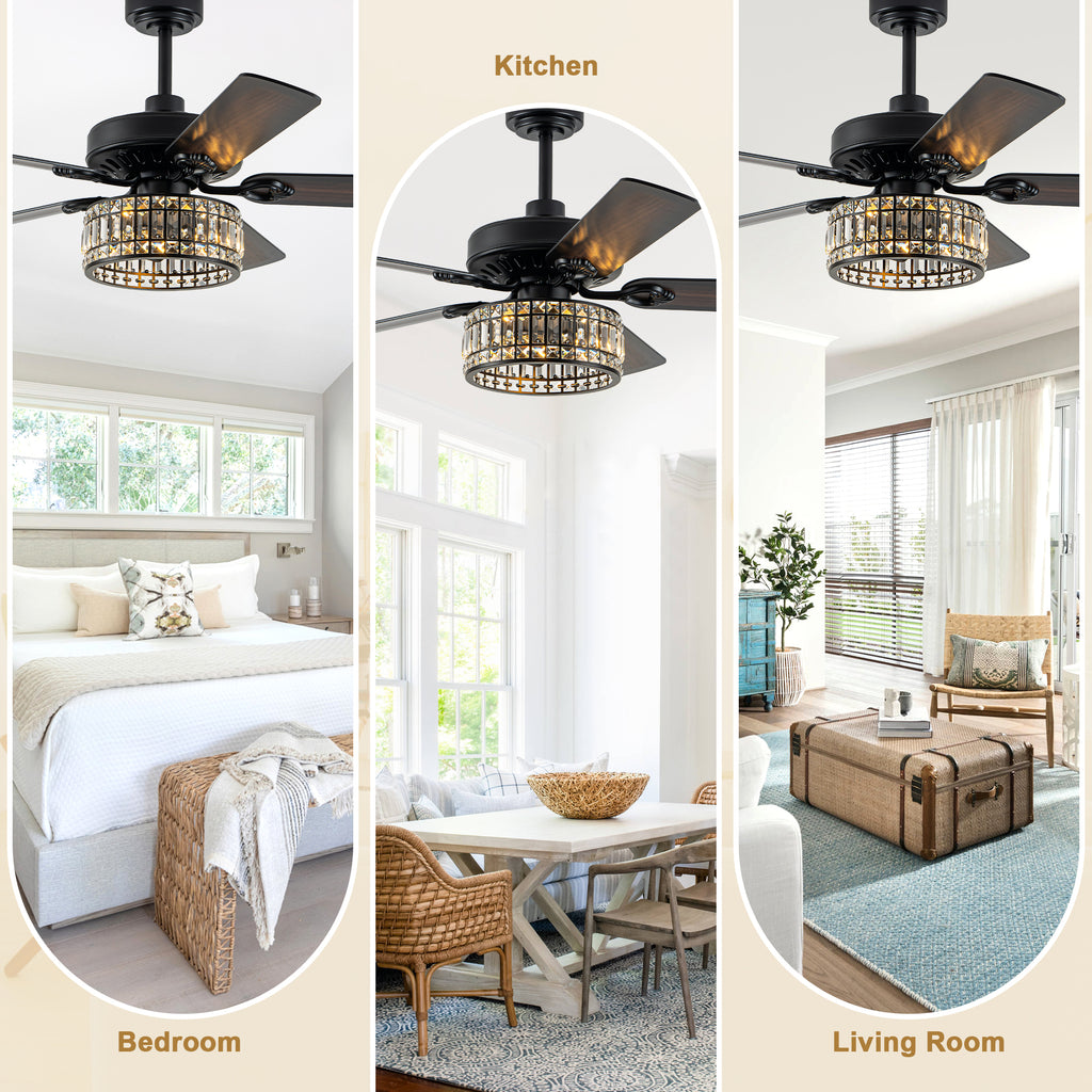 Luxury 52 Inch Crystal Caged Ceiling Fan with Light Reversible Wood Blades Quiet DC Motor Ceiling Fan Remote Control Timing Ceiling Fan Suit for Living Room, Kitchen, Bedroom