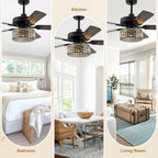 Luxury 52 Inch Crystal Caged Ceiling Fan with Light Reversible Wood Blades Quiet DC Motor Ceiling Fan Remote Control Timing Ceiling Fan Suit for Living Room, Kitchen, Bedroom