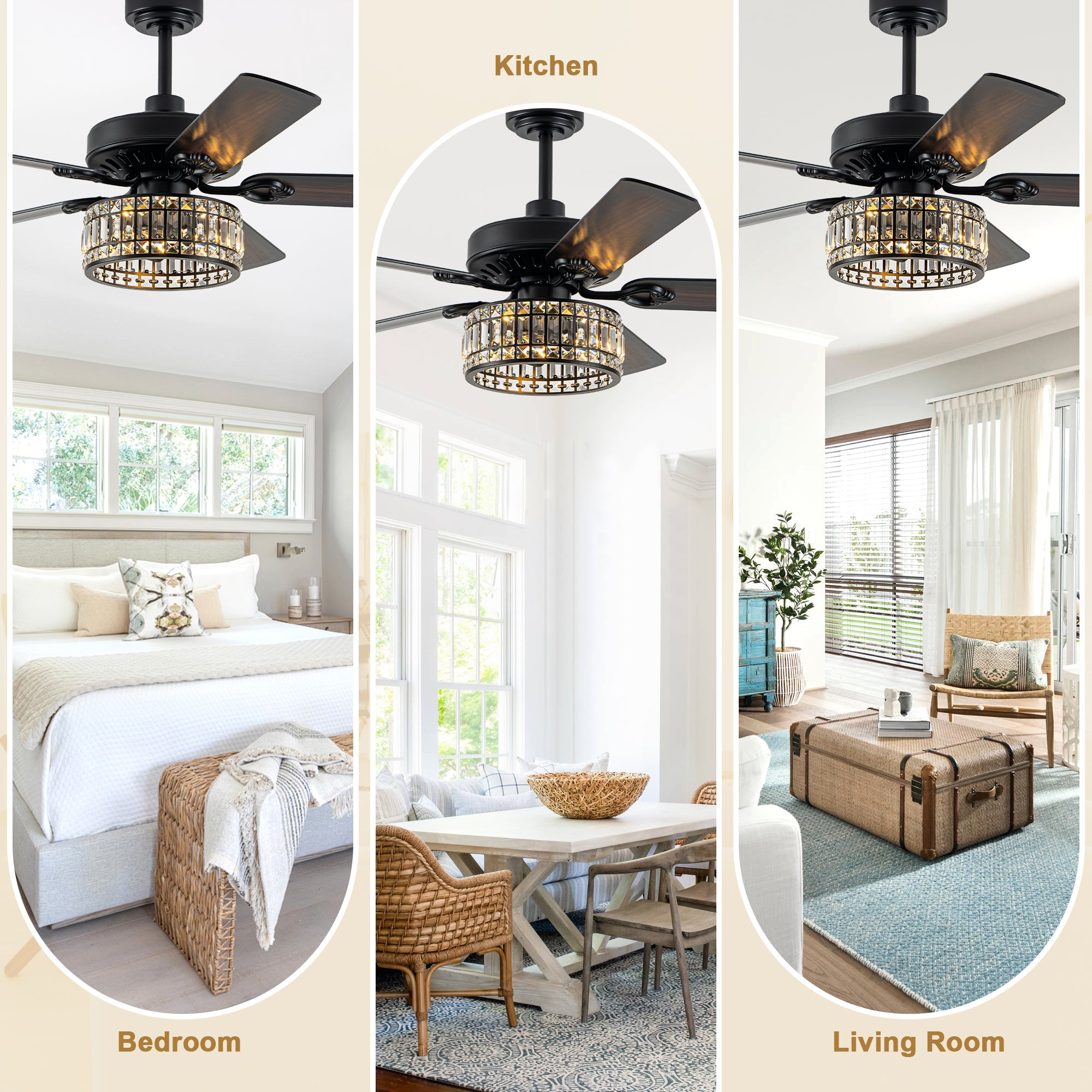 Luxury 52 Inch Crystal Caged Ceiling Fan with Light Reversible Wood Blades Quiet DC Motor Ceiling Fan Remote Control Timing Ceiling Fan Suit for Living Room, Kitchen, Bedroom