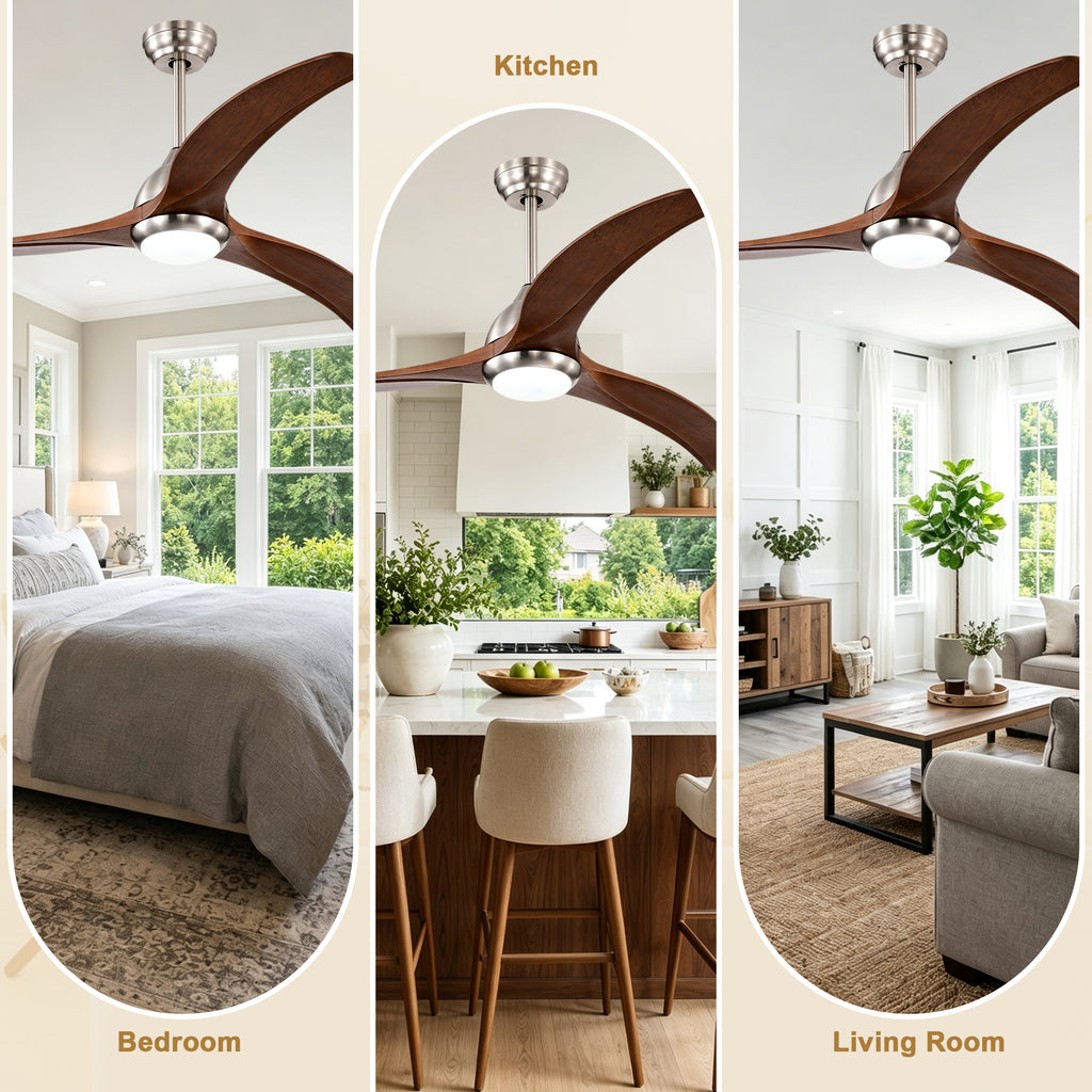 52 Inch Modern Stain Nickel Walnut Wood Ceiling Fan with Lights & Remote Control, 6 Speed DC Motor Reversible Ceiling Fan
