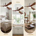 52 Inch Modern Farmhouse Stain Nickel Flush Mount Ceiling Fan with Lights & Remote Control, 6 Speed DC Motor Reversible Ceiling Fan