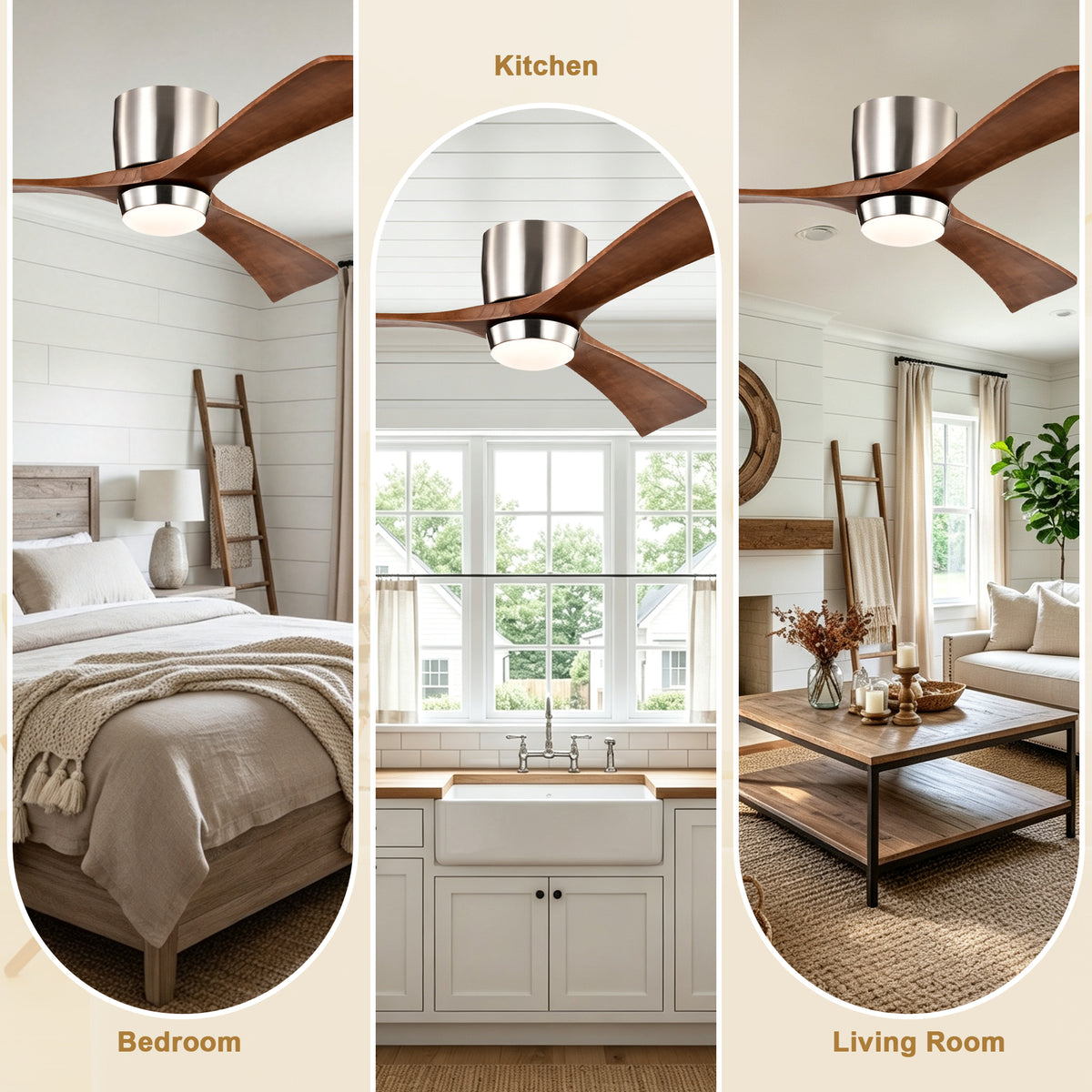 52 Inch Modern Farmhouse Stain Nickel Flush Mount Ceiling Fan with Lights & Remote Control, 6 Speed DC Motor Reversible Ceiling Fan
