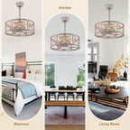 Industrial 20 Inch Distressed White Caged Ceiling Fan with Light Quiet DC Motor with Remote Control Ceiling Fan Small Farmhouse Ceiling Fan with Light Suit for Bedroom, Kitchen,Living Room
