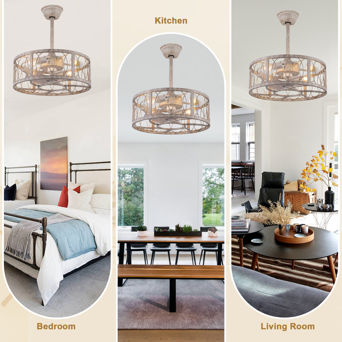 Industrial 20 Inch Distressed White Caged Ceiling Fan with Light Quiet DC Motor with Remote Control Ceiling Fan Small Farmhouse Ceiling Fan with Light Suit for Bedroom, Kitchen,Living Room