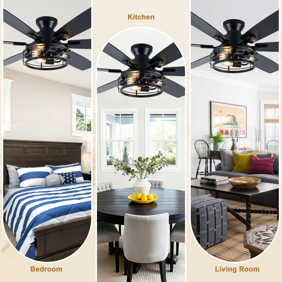 Farmhouse 60 Inch Flush Mount Ceiling Fan with Light Reversible Quiet DC Motor 6 Speed Ceiling Fan with Light Caged Timming Remote Control Ceiling Fan with Light Suit for Bedrooms, Kitchens, Living Rooms