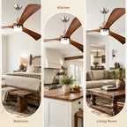 52 Inch Modern Farmhouse Stain Nickel Solid Wood Blade Ceiling Fan with Lights & Remote Control, 6 Speed DC Motor Reversible Ceiling Fan