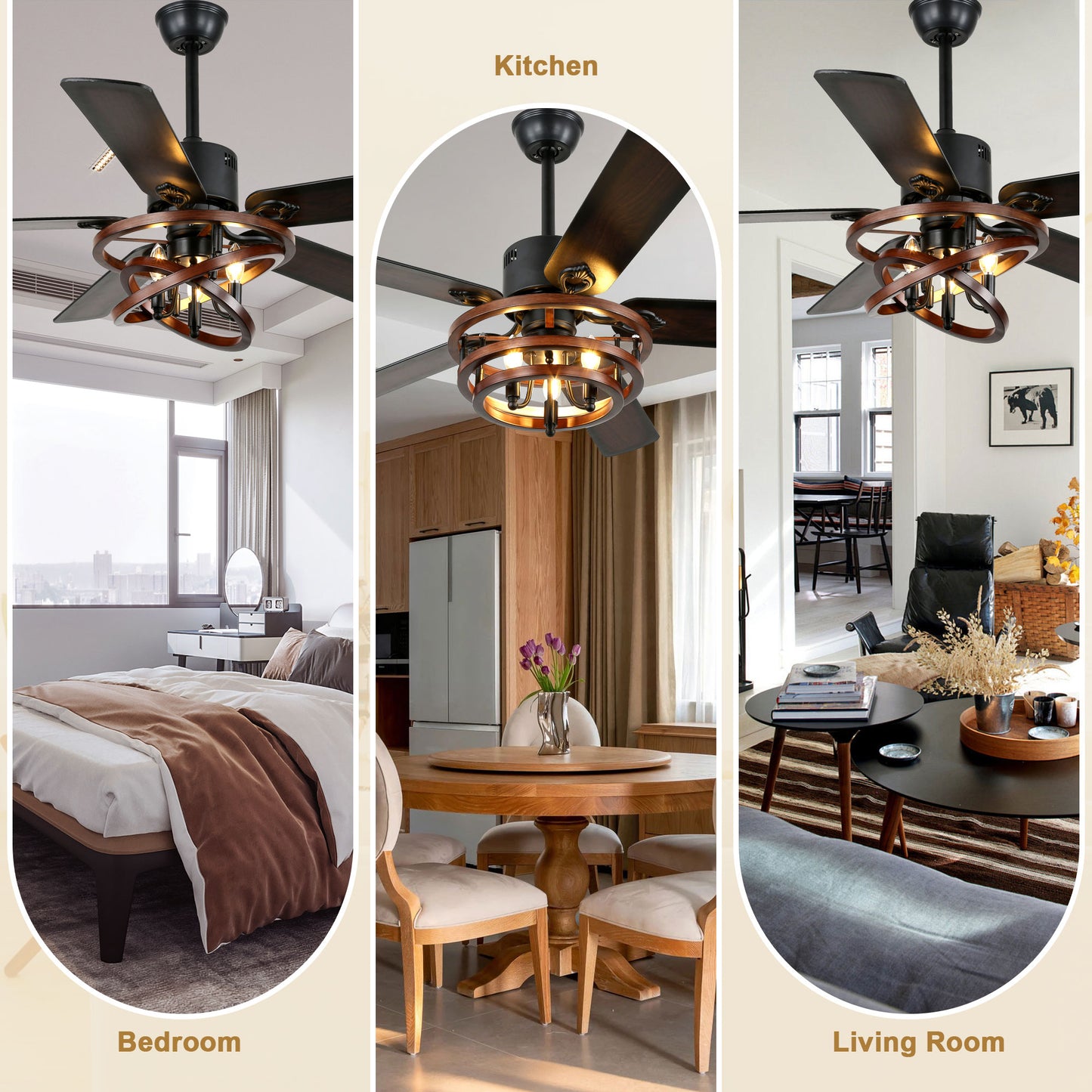 BellaDepot 52" Farmhouse Brown Ceiling Fan with Remote Control, 5 Blades Standard Ceiling Fan with Lights - DC5219