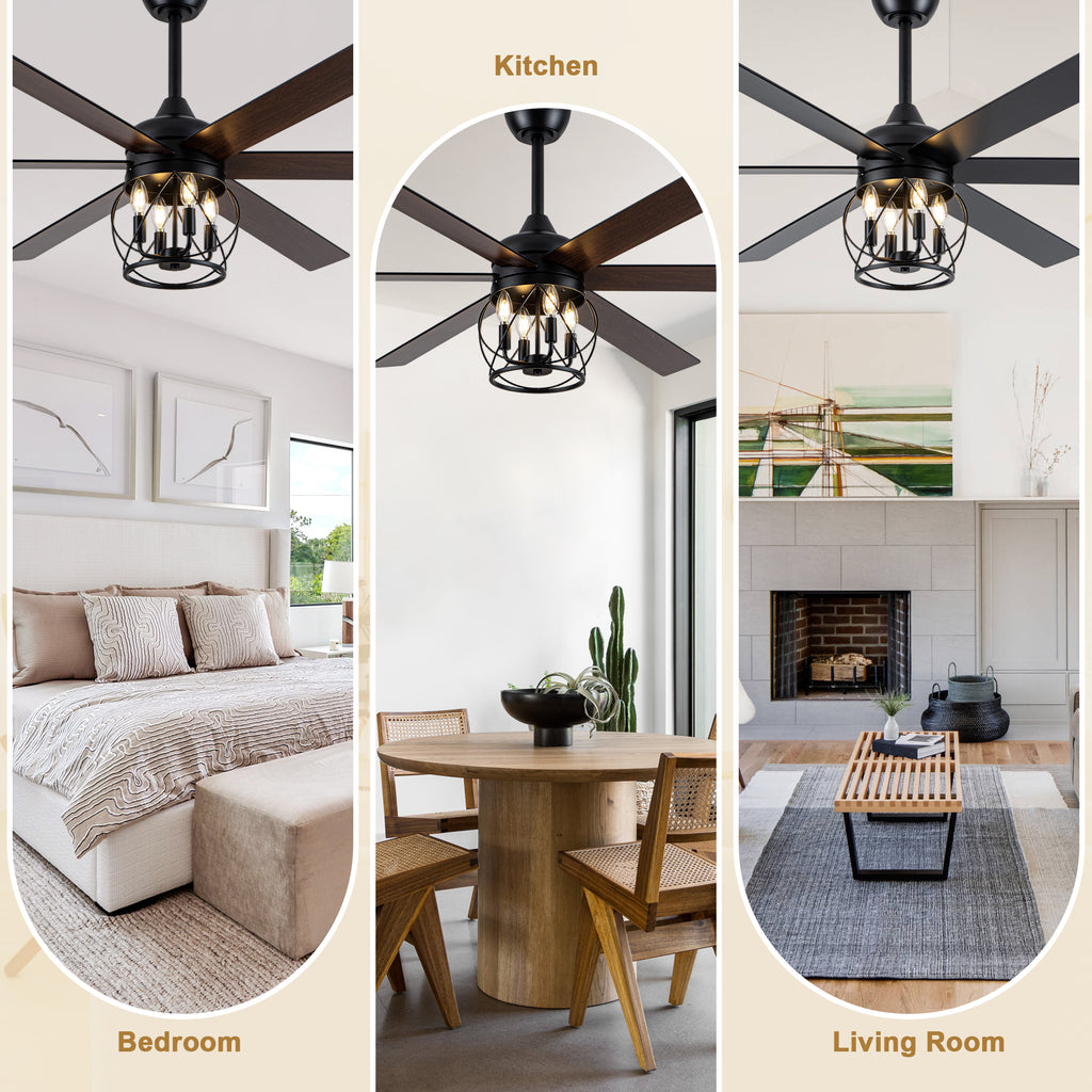 Industrial 60 Inch Caged Ceiling Fan with Light 6 Wood Blades Reversible Quiet DC Motor Ceiling Fan 3 Downrods with Remote Control Ceiling Fan Suit for Living Room, Bedroom