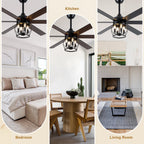 Industrial 60 Inch Caged Ceiling Fan with Light 6 Wood Blades Reversible Quiet DC Motor Ceiling Fan 3 Downrods with Remote Control Ceiling Fan Suit for Living Room, Bedroom