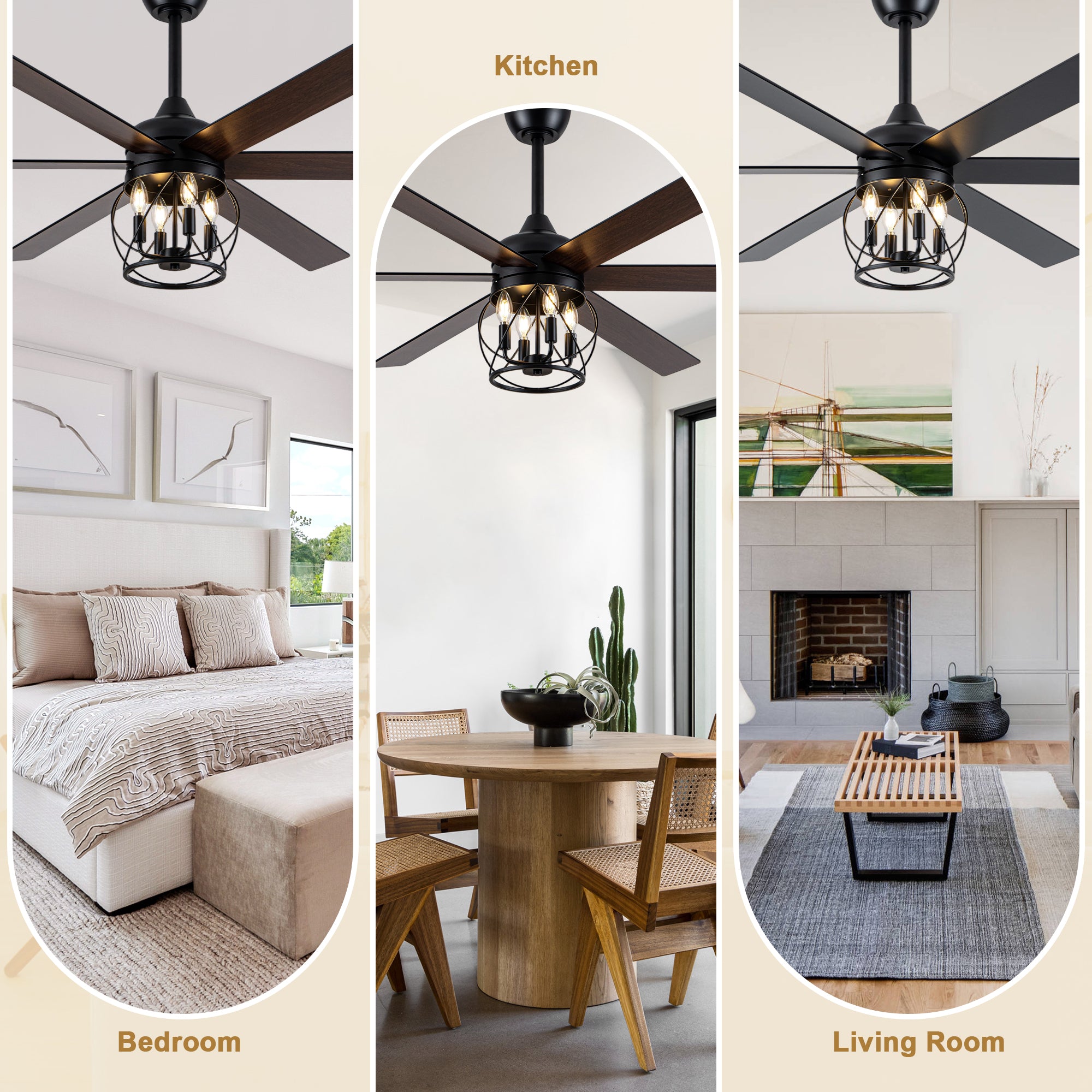 Industrial 60 Inch Caged Ceiling Fan with Light 6 Wood Blades Reversible Quiet DC Motor Ceiling Fan 3 Downrods with Remote Control Ceiling Fan Suit for Living Room, Bedroom