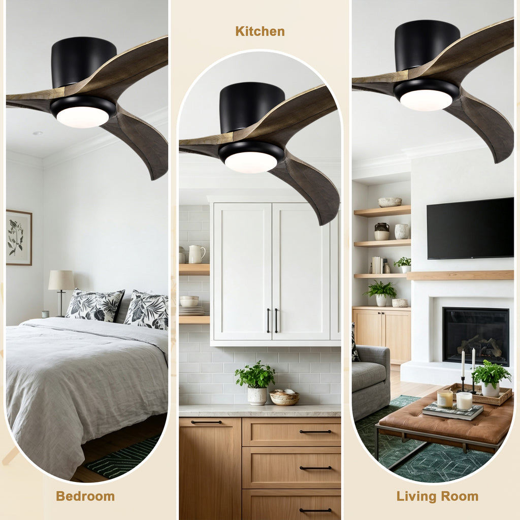 52 Inch Modern Farmhouse Flush Mount Solid Wood Blade Ceiling Fan with Lights & Remote Control, 6 Speed DC Motor Reversible Ceiling Fan