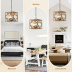 Farmhouse Wooden Square 14 Inch Chandelier with 4-Light Hollowed Out Handmade Wooden Adjustable Chain Chandelier Vintage Chandelier Suit for Bedrooms, Living rooms, Kitchens