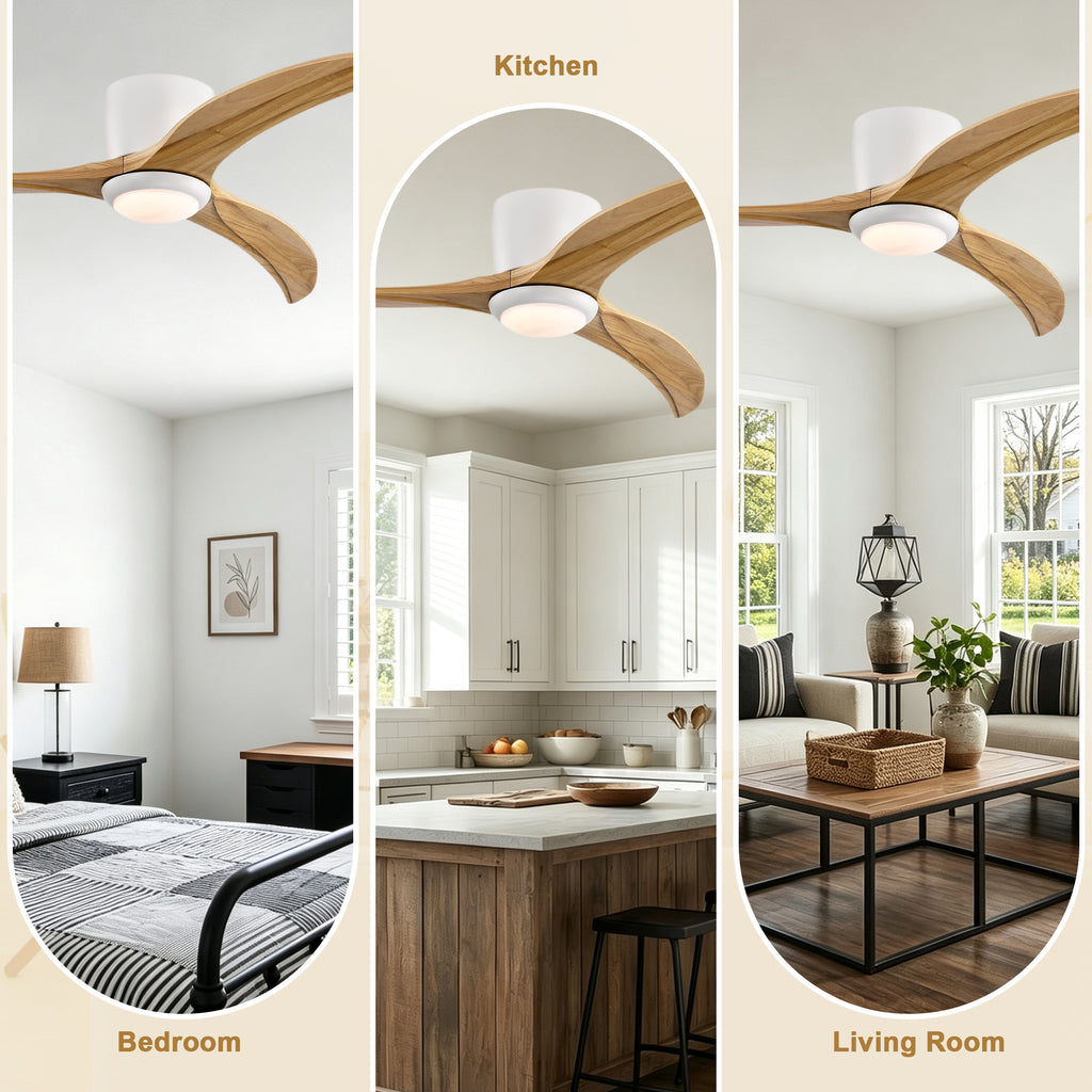 52 Inch Farmhouse Matte White Natural Wood Ceiling Fan with Lights & Remote Control, 6 Speed DC Motor Reversible Ceiling Fan
