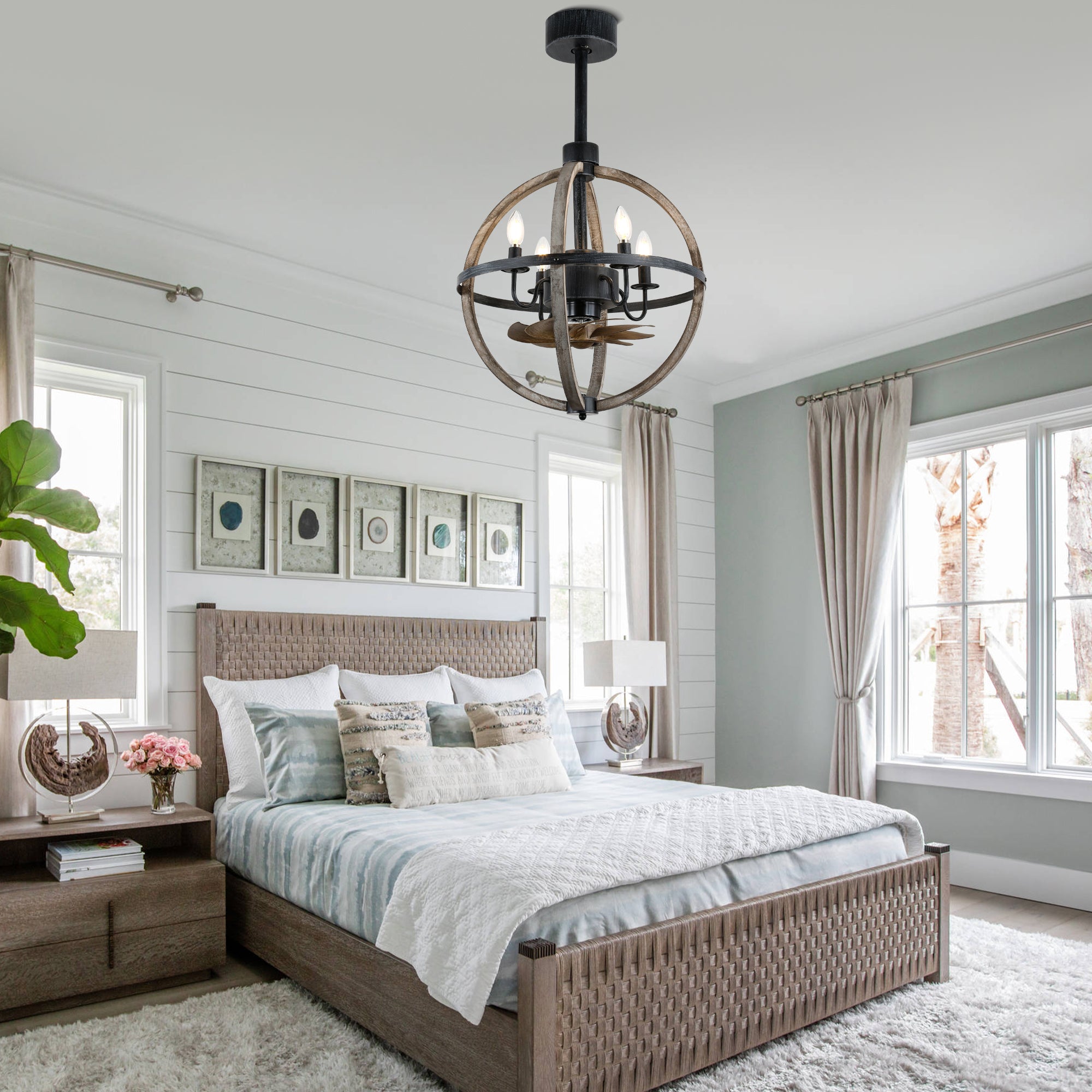 BD1502-BellaDepot 14.6" Farmhouse Distressed Wood Reversible Ceiling Fan with Remote and 4 Lights