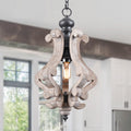 1 - Light Rustic Distressed Wood/White Chandelier, 12.6" Wooden Farmhouse Chandelier Kitchen Island Light Pendant Light