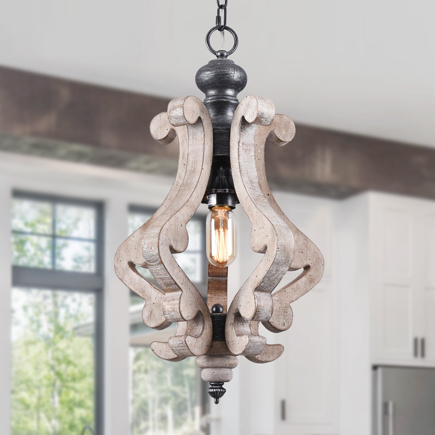 FC4001-Distressed Wood/Distressed White/White Vintage Distressed Wooden Chandelier, with Chain and Lights, for Home Entrance Door Bedroom Dining Room, 1 Light