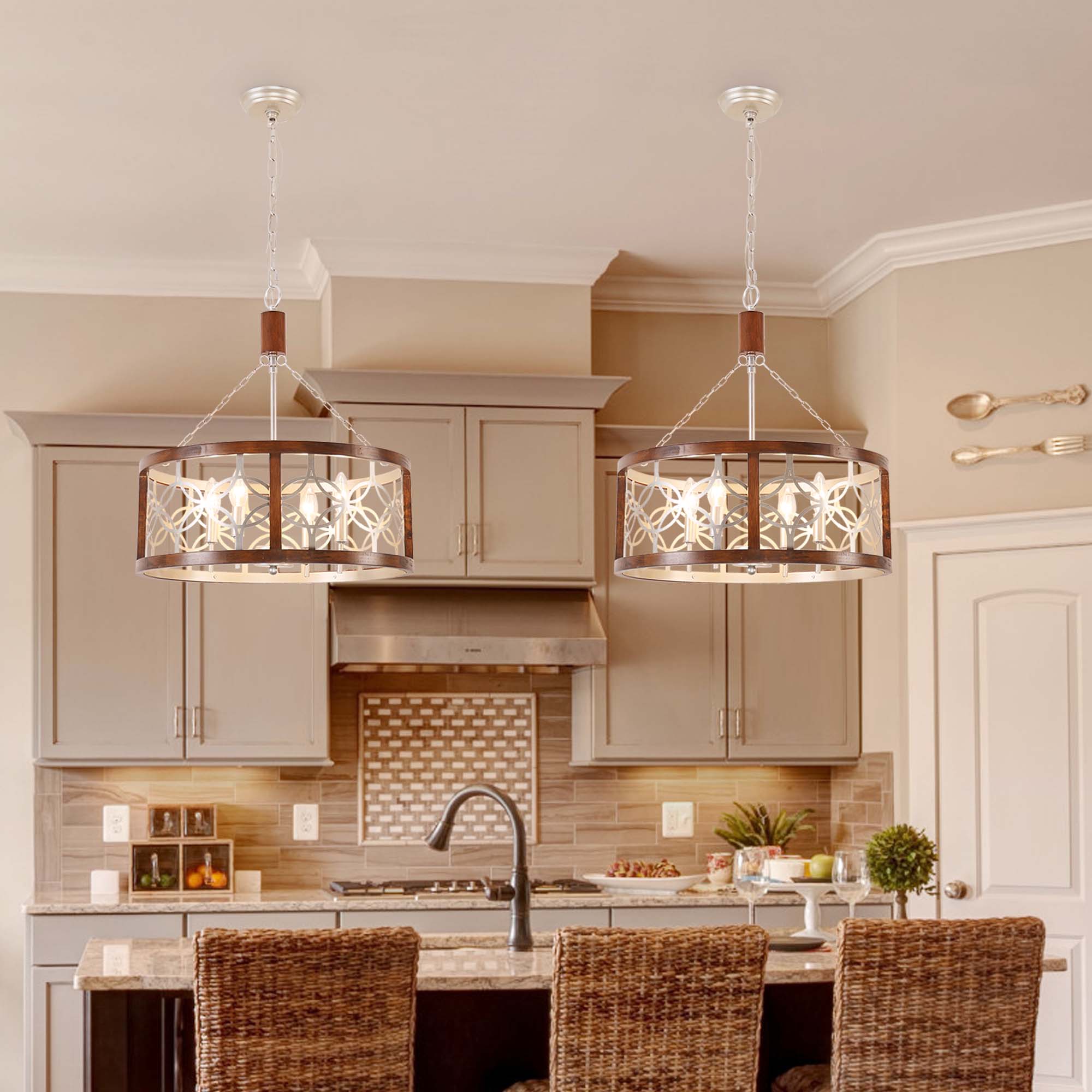 4-Light Solid Wood Farmhouse Drum Chandelier, Rustic Caged Pendant Light, 19.7" Dining Room Chandelier, Kitchen Island Ceiling Lighting