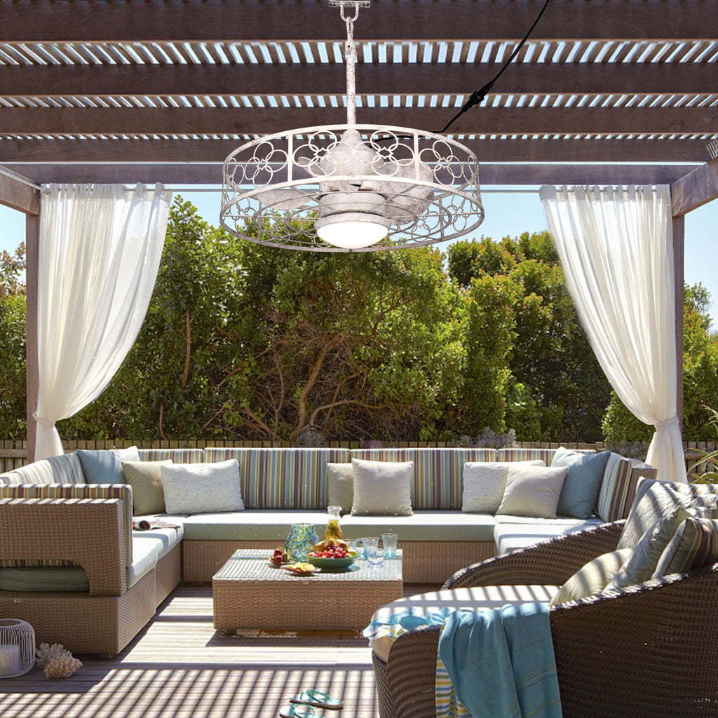 24 Inch Distressed White Outdoor Caged Ceiling Fan with LED Lights and Remote, 6 Speeds DC Motor Farmhouse Fandelier  Waterproof Ceiling Fan