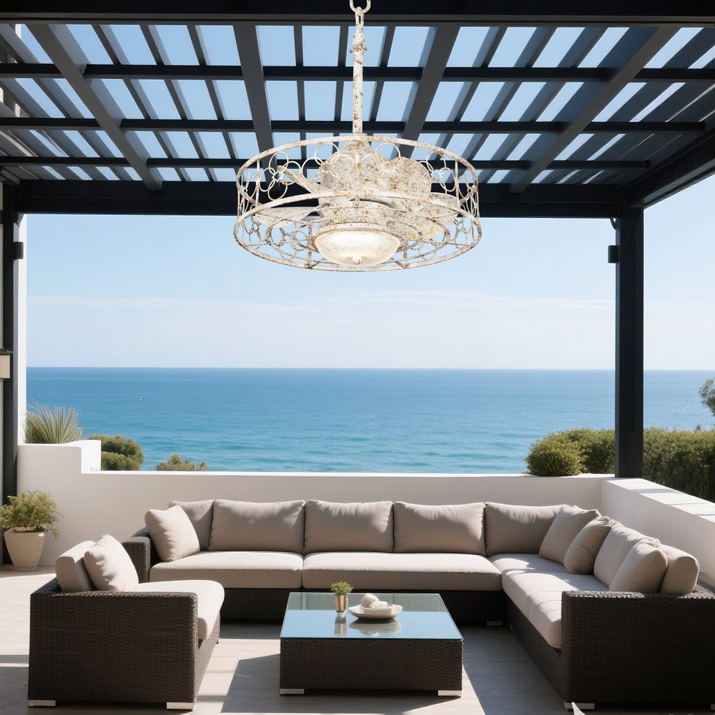 21 Inch Outdoor Waterproof Ceiling Fan with Dimmable LED Light and Remote Control, 6-Speed DC Motor Vintage Distressed White Plug In Ceiling Fan
