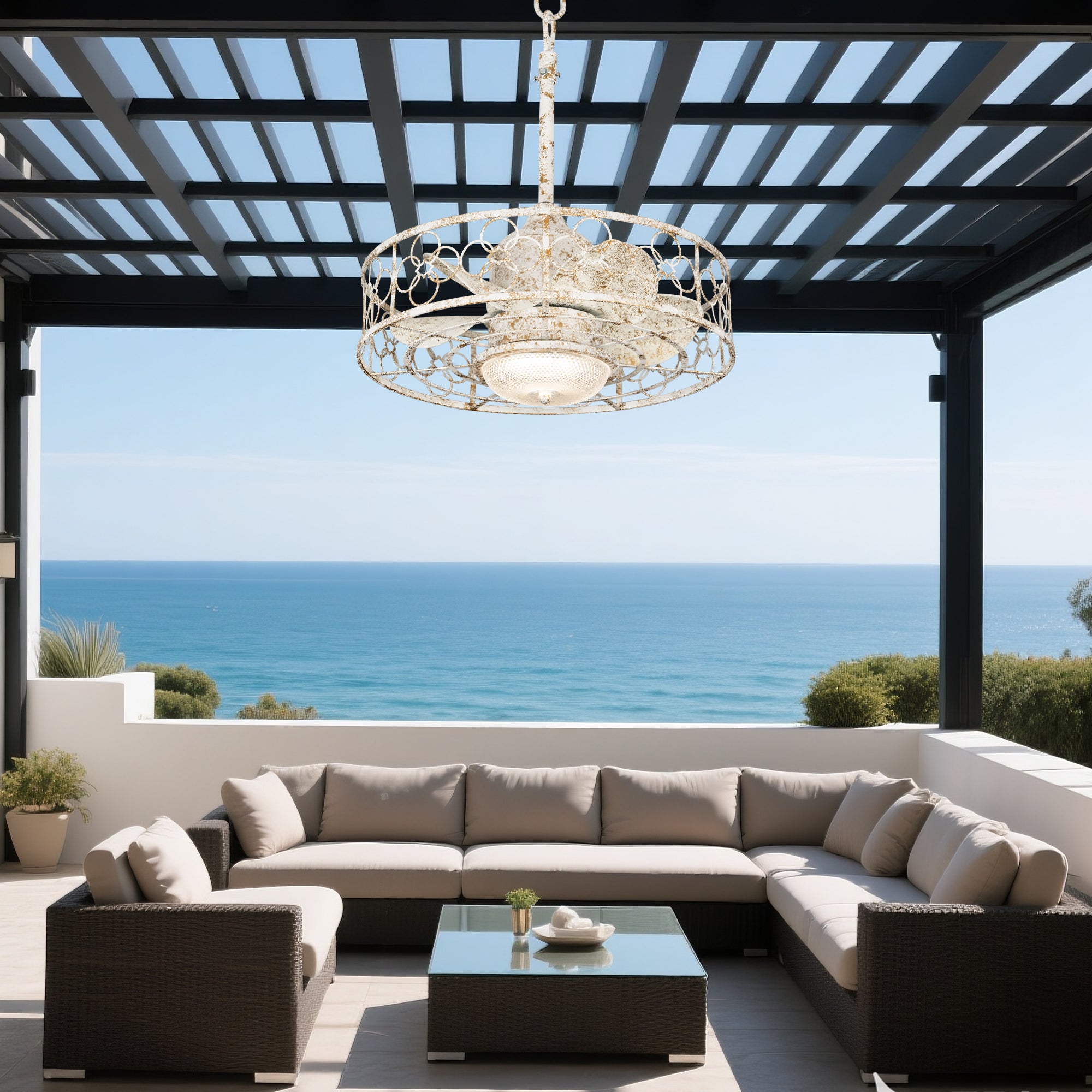 21 Inch Outdoor Waterproof Ceiling Fan with Dimmable LED Light and Remote Control, 6-Speed DC Motor Vintage Distressed White Plug In Ceiling Fan