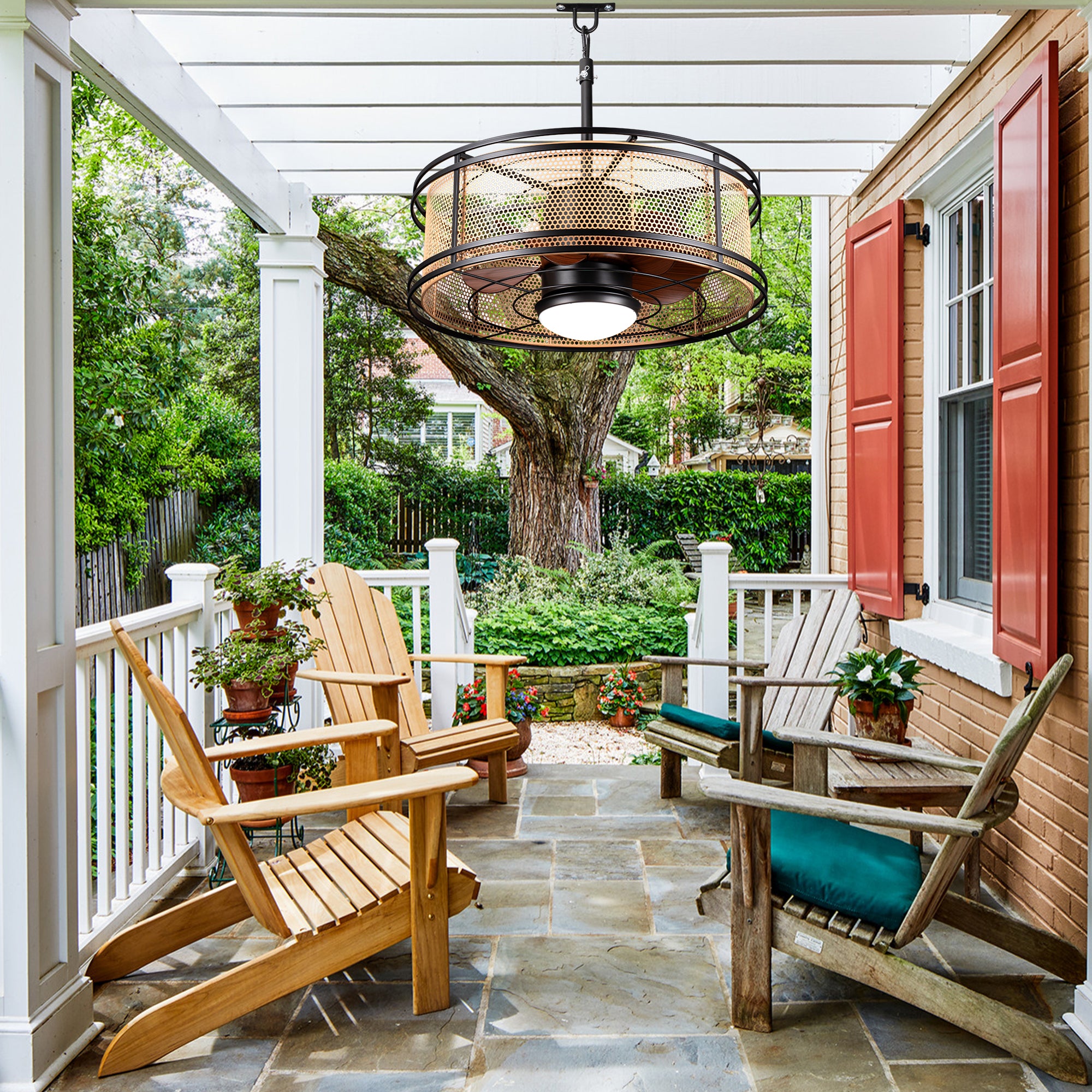 HW2307-BellaDepot 23.6" Imitation Rattan Outdoor Ceiling Fan with Remote and LED Lights, DC Motor 6 Speeds Ceiling Fan