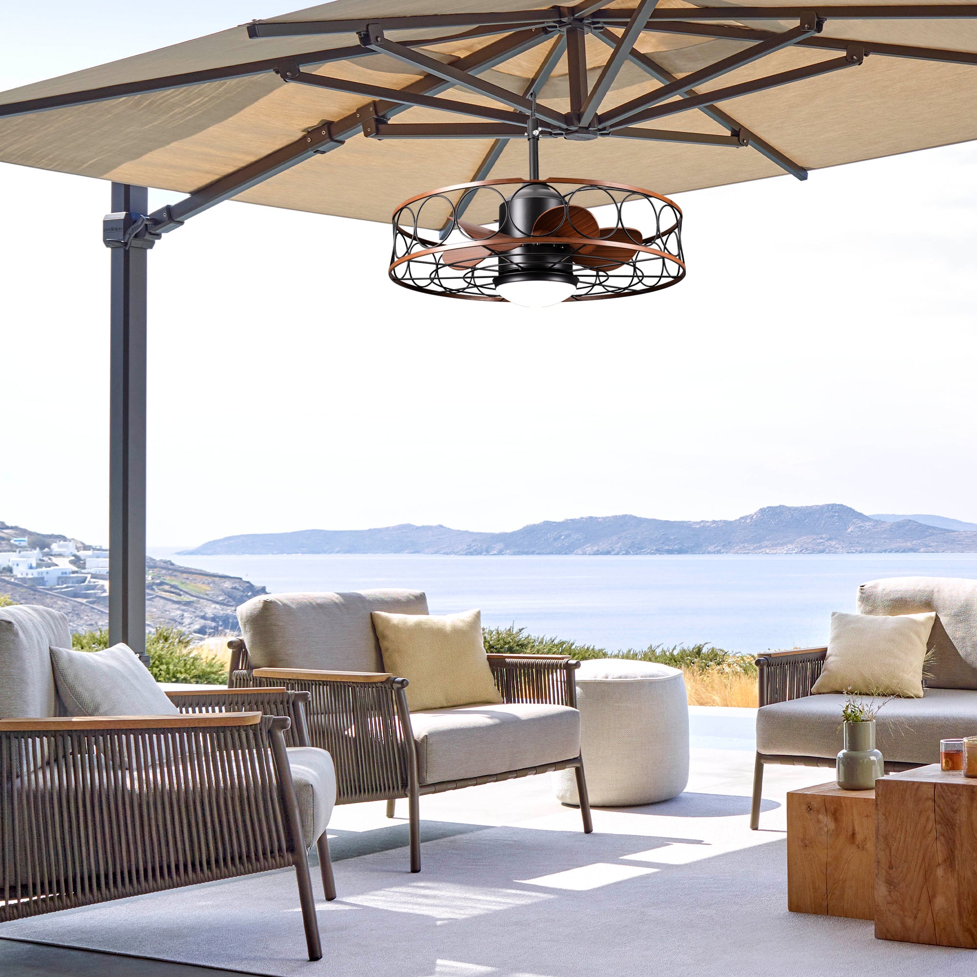 HW2309-BellaDepot 23.6" Industrial Outdoor Caged Ceiling Fan with Remote and LED Lights, DC Motor 6 Speeds Ceiling Fan