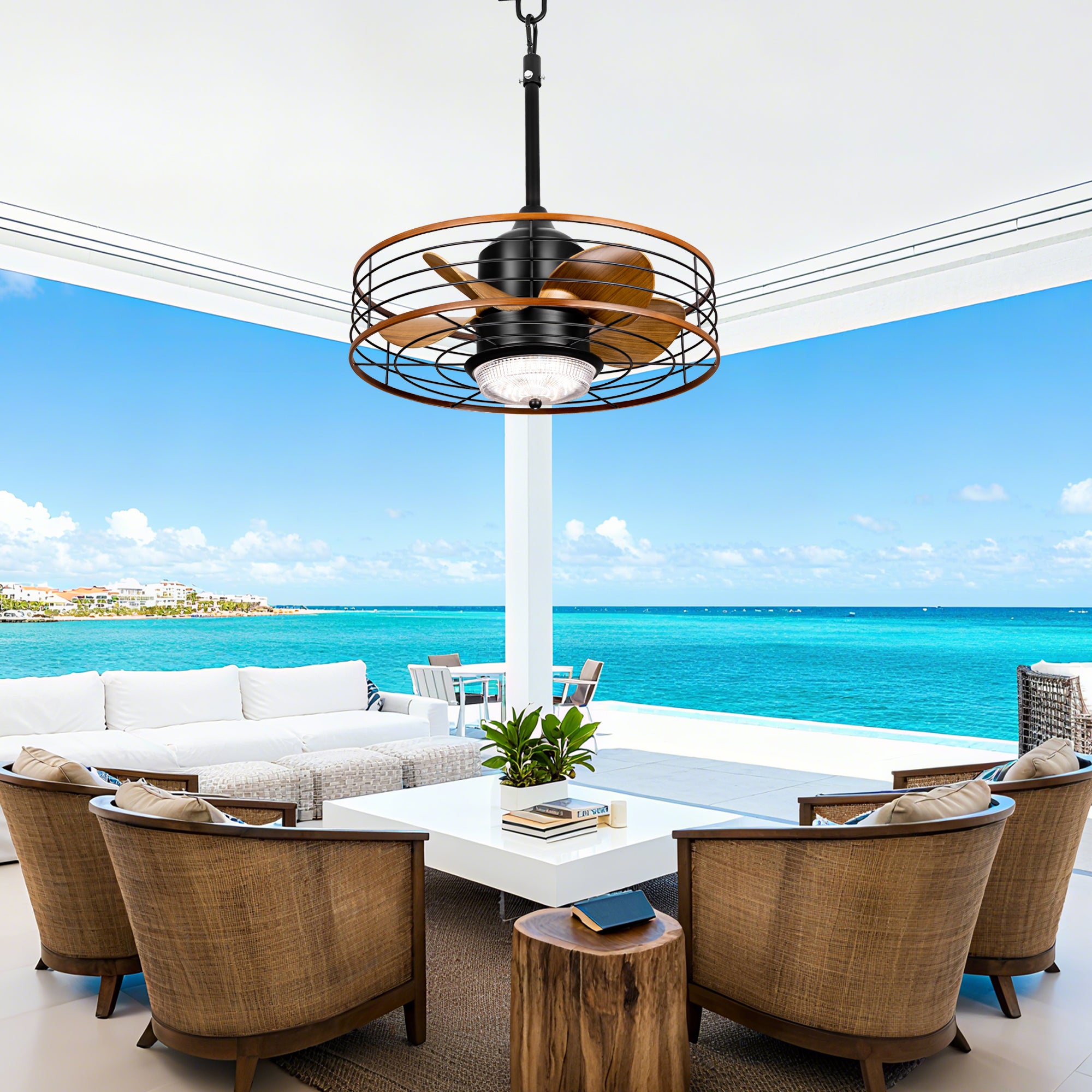 21 Inch Outdoor Waterproof Ceiling Fan with LED Light and Remote & APP Control, 6-Speed Reversible DC Motor Plug-in Ceiling Fan for Patio