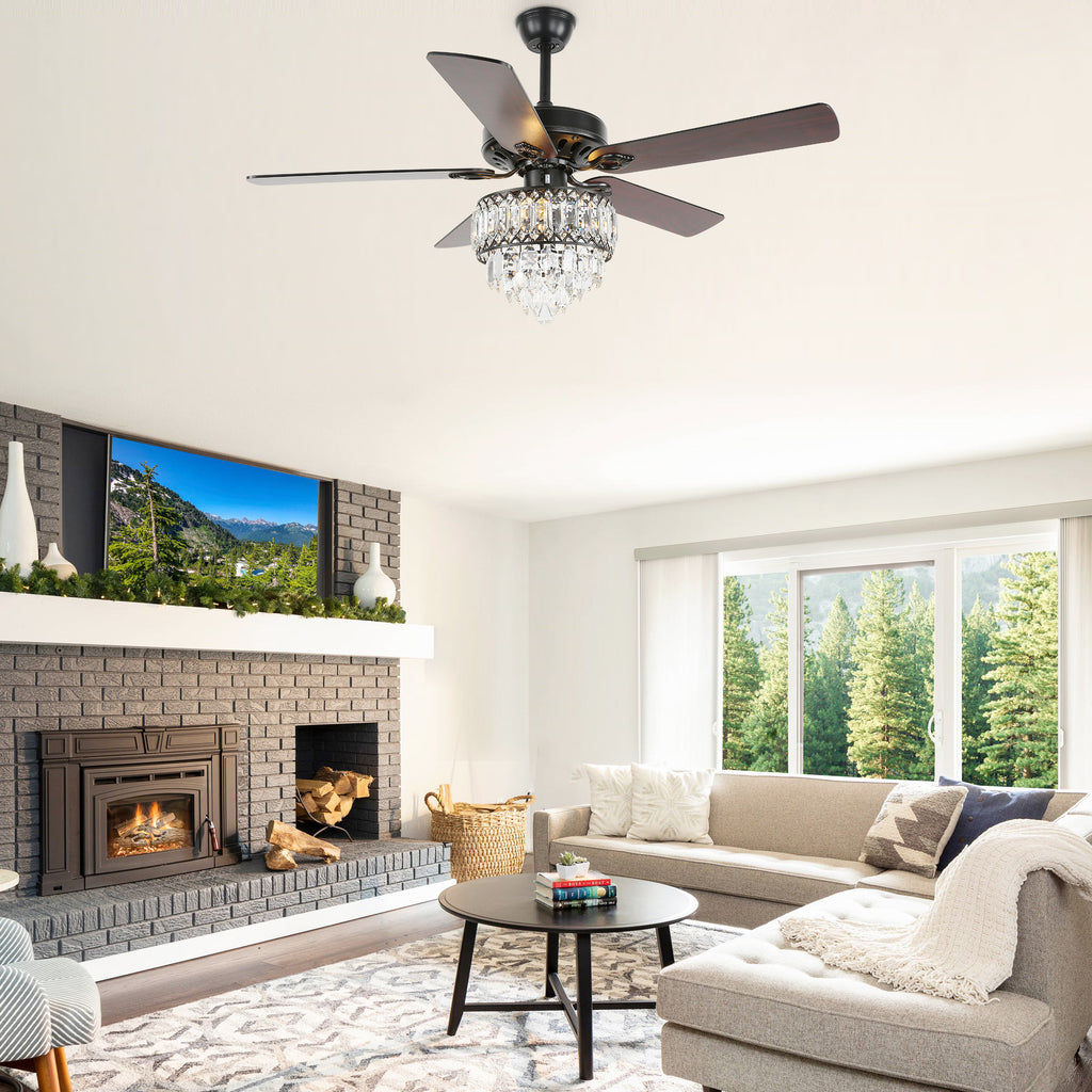 52" BellaDepot Luxury Crystal Ceiling Fan with Light & Remote - Black/Chrome Reversible DC Motor, 6 Speeds, Timer, Quiet Fandelier