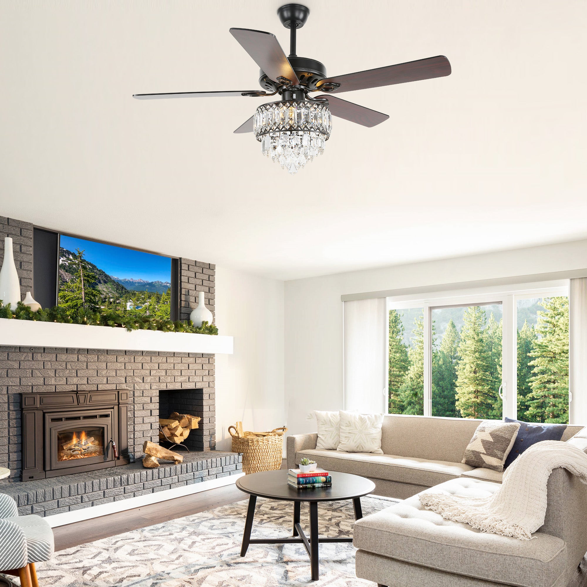 52" BellaDepot Luxury Crystal Ceiling Fan with Light & Remote - Black/Chrome Reversible DC Motor, 6 Speeds, Timer, Quiet Fandelier