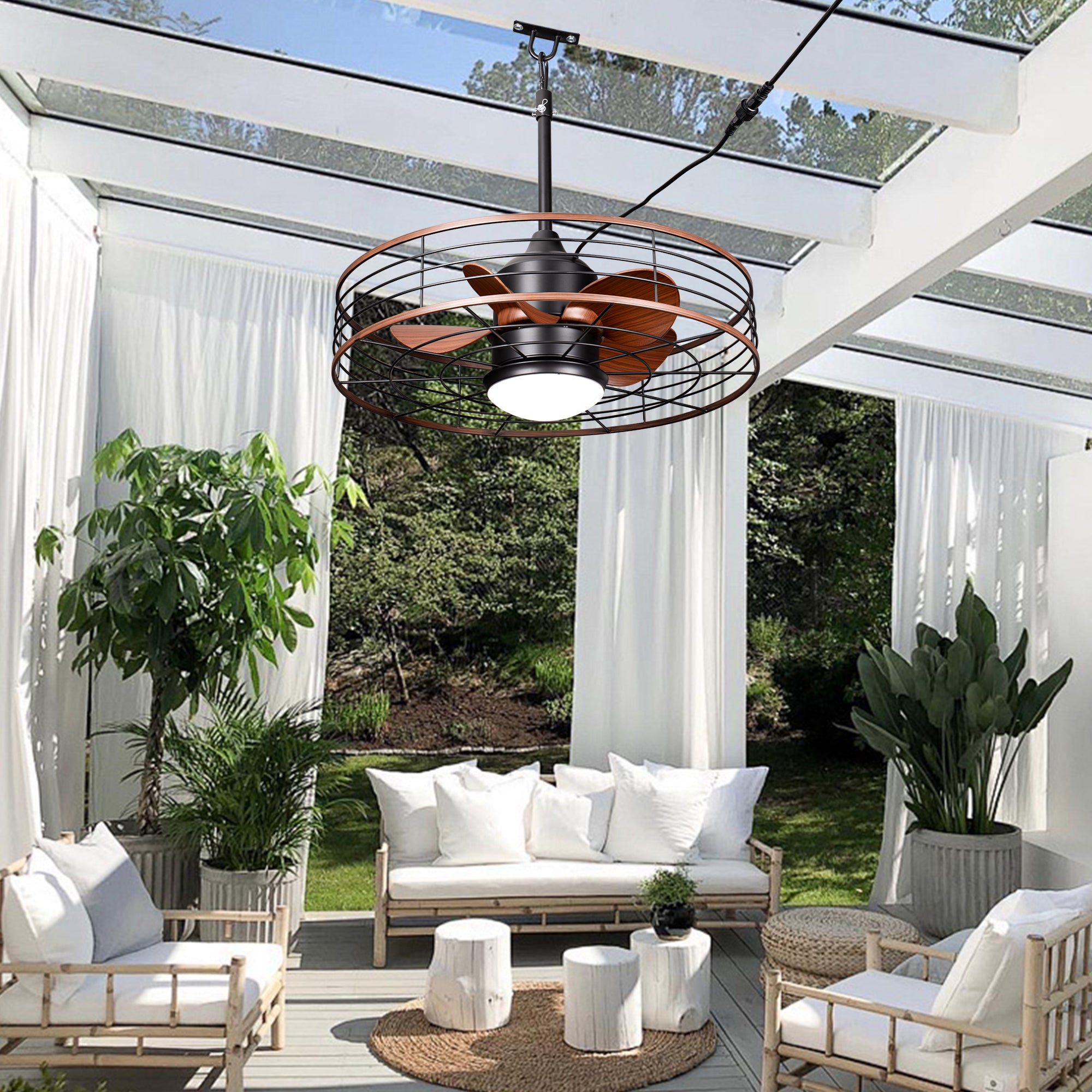 23.6 Inch Black Outdoor Dimmable Ceiling Fan with LED Light and Remote, Farmhouse Reversible 6 Speeds Quiet DC Motor Caged Ceiling Fan for Patio