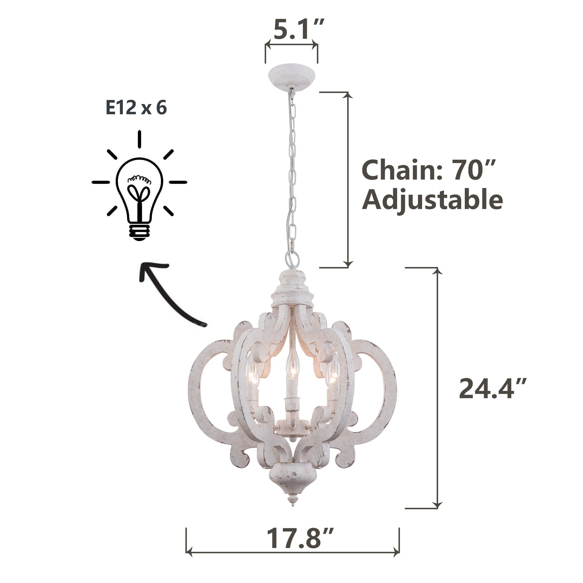 FC4002-H/W-BellaDepot 6 Light Distressed Wood/Distressed White French Country Vintage Style Distressed Wood Geometric Chandelier, Wooden Pendant Light with Adjustable Chain - FC4002