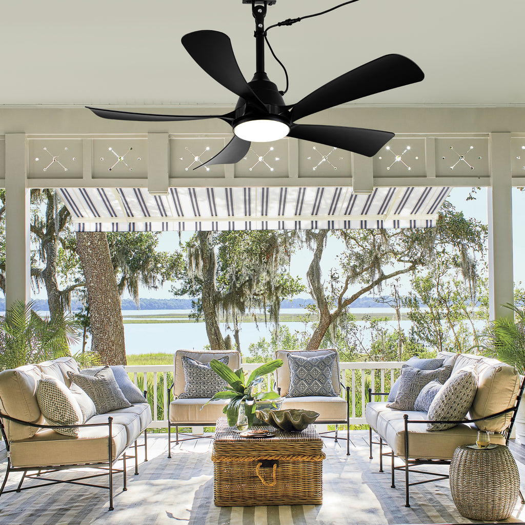 42 Inch Black 5-Blade Modern Smart Outdoor Ceiling Fan with Dimmable LED Lights, 6 Speeds Plug In Waterproof Ceiling Fans for Patios
