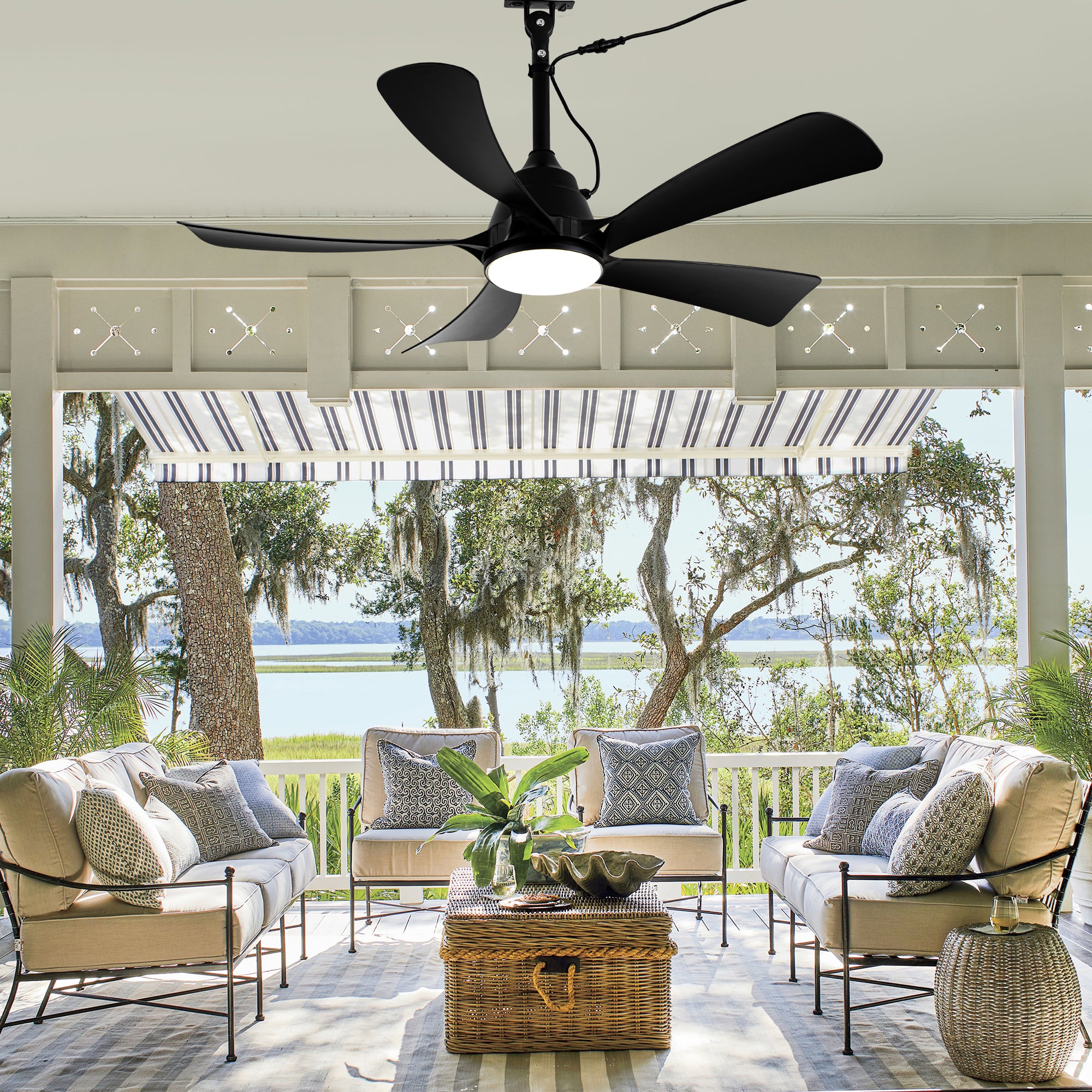 42 Inch Black 5-Blade Modern Smart Outdoor Ceiling Fan with Dimmable LED Lights, 6 Speeds Plug In Waterproof Ceiling Fans for Patios