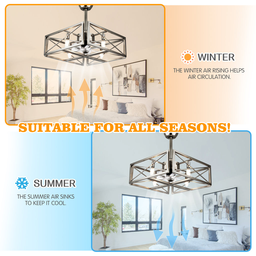 20 Inch Nickel Industrial Ceiling Fan with Remote Control, 3-Speed Reversible Bladeless Fandelier Ceiling Fan for Bedroom