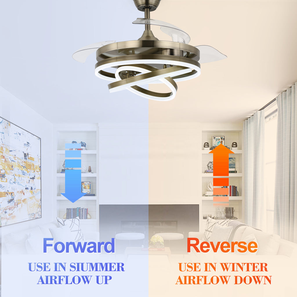 42 Inch Modern Smart Retractable Ceiling Fan with LED Light and Remote, 6 Speeds DC Motor Bladeless Ceiling Fan with DIY Shade
