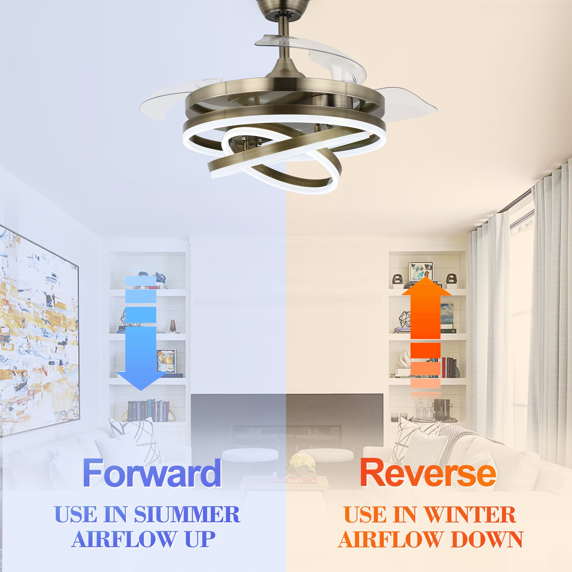 42 Inch Modern Smart Retractable Ceiling Fan with LED Light and Remote, 6 Speeds DC Motor Bladeless Ceiling Fan with DIY Shade