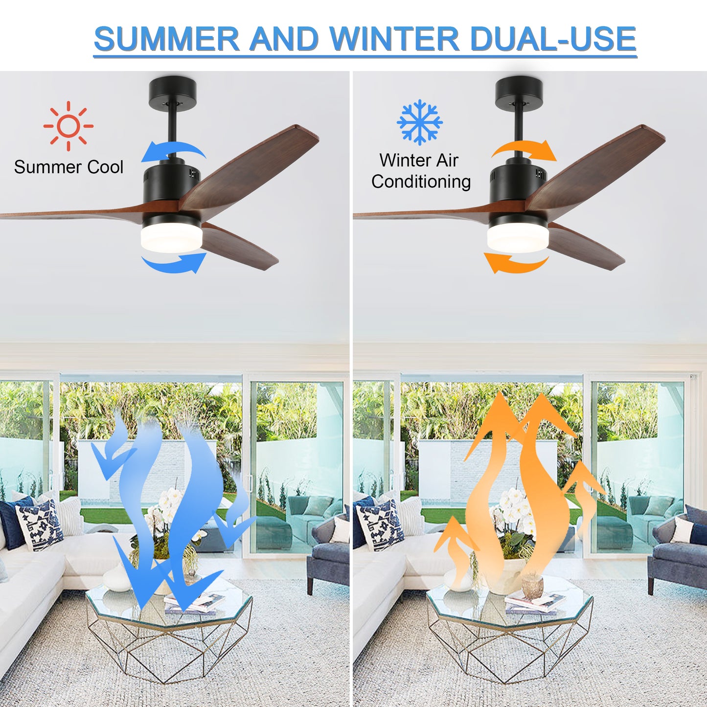 DC5208-52" Popular Large Wooden Reversible Ceiling Fan, with Remote and LED Light Kit, DC Motor, 3 Blades