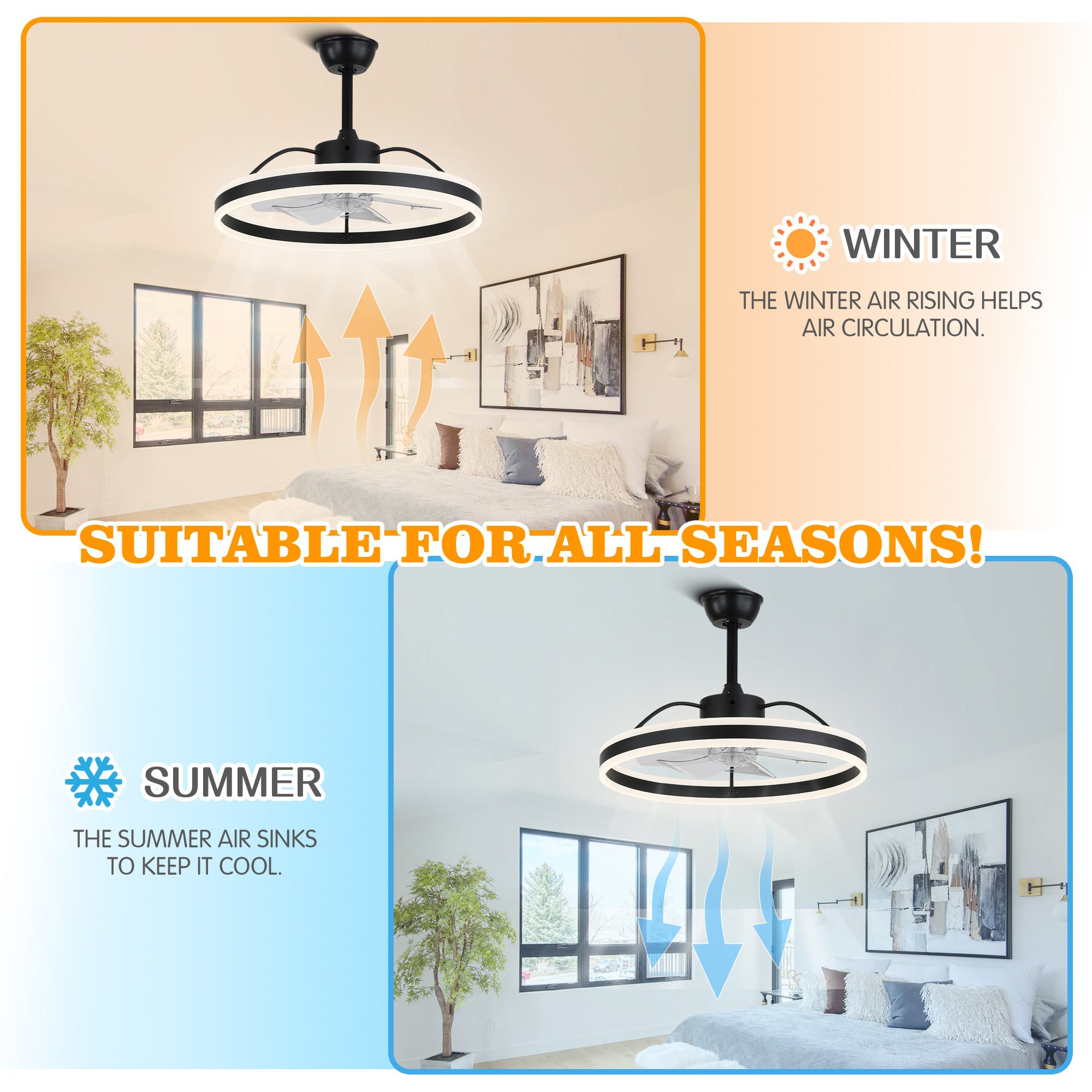 24 Inch Black/Gold/White/Coffee Modern Smart LED Ceiling Fan with Light and Remote, 6 Speeds DC Motor Fandelier Ceiling Fan