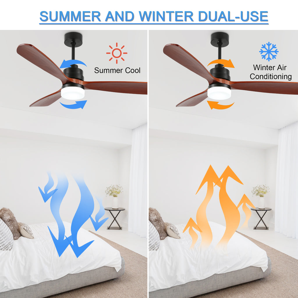 52 Inch Modern Farmhouse 3 Wooden Blades Ceiling Fan with Dimmable LED Light and Remote, 6 Speeds DC Motor Reversible Ceiling Fan for Living Room