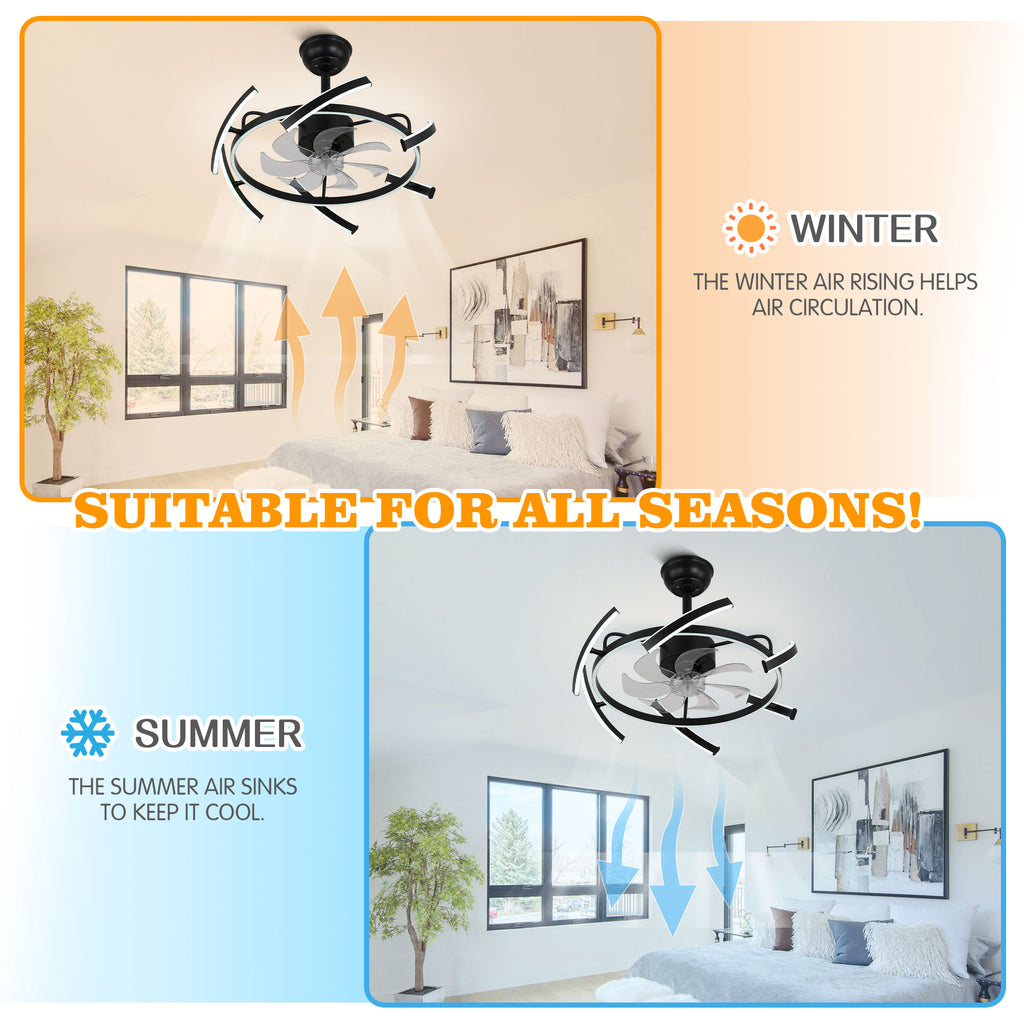 24 Inch Black Modern Smart Ceiling Fan with Dimmable LED Light and Remote, 6 Speeds DC Motor Reversible Bladeless Ceiling Fan with DIY Shape