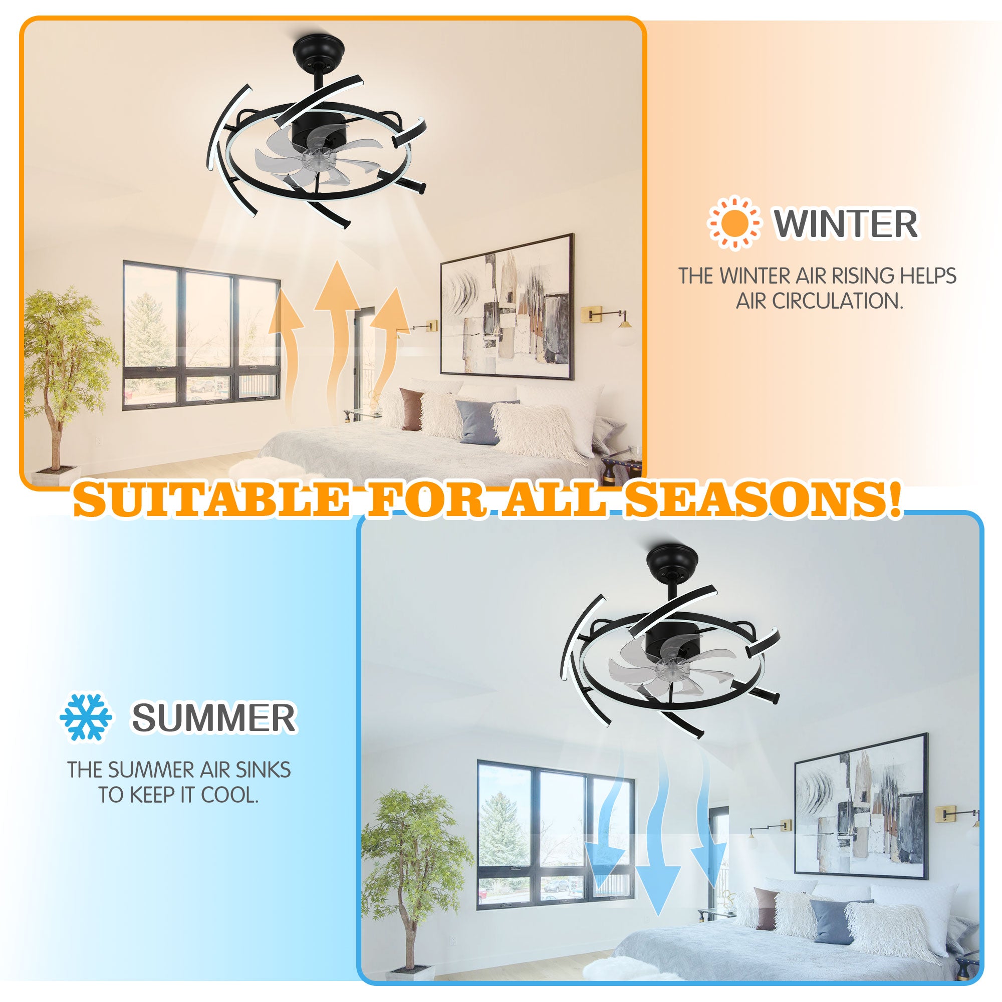 24 Inch Black Modern Smart Ceiling Fan with Dimmable LED Light and Remote, 6 Speeds DC Motor Reversible Bladeless Ceiling Fan with DIY Shape