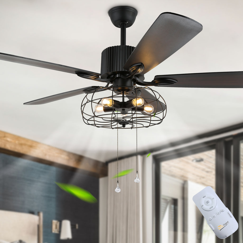 52 Inch Black Industrial Caged Ceiling Fan with Lights and Remote, 3-Speed Reversible Ceiling Fan for Large Room