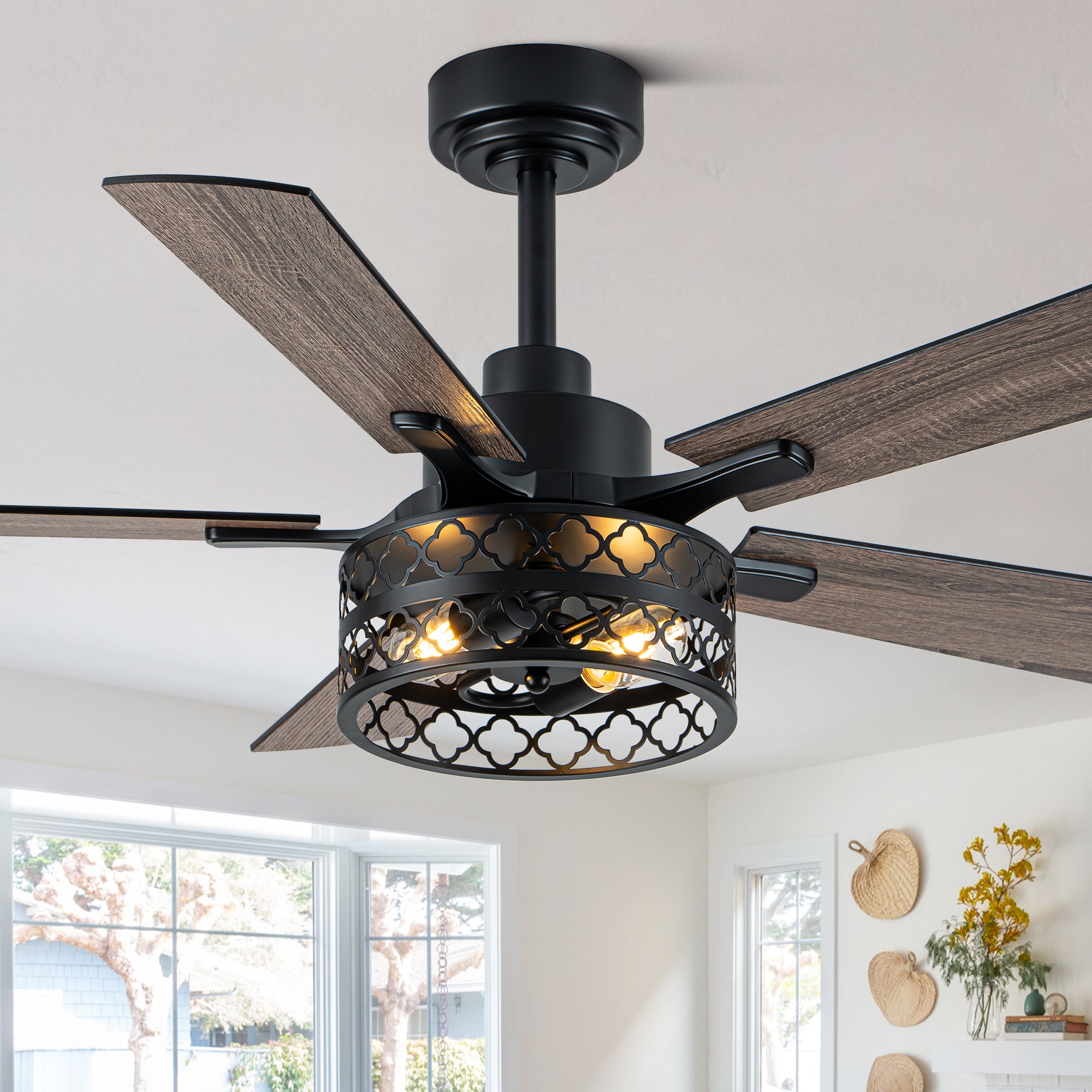 Farmhouse 46 Inch Metal Caged Ceiling Fan with Light Quiet Reversible DC Motor with  Remote Control Ceiling Fan Modern Wood Blades Ceiling Fan with Light Suit for Living room, Bedroom, Kitchen