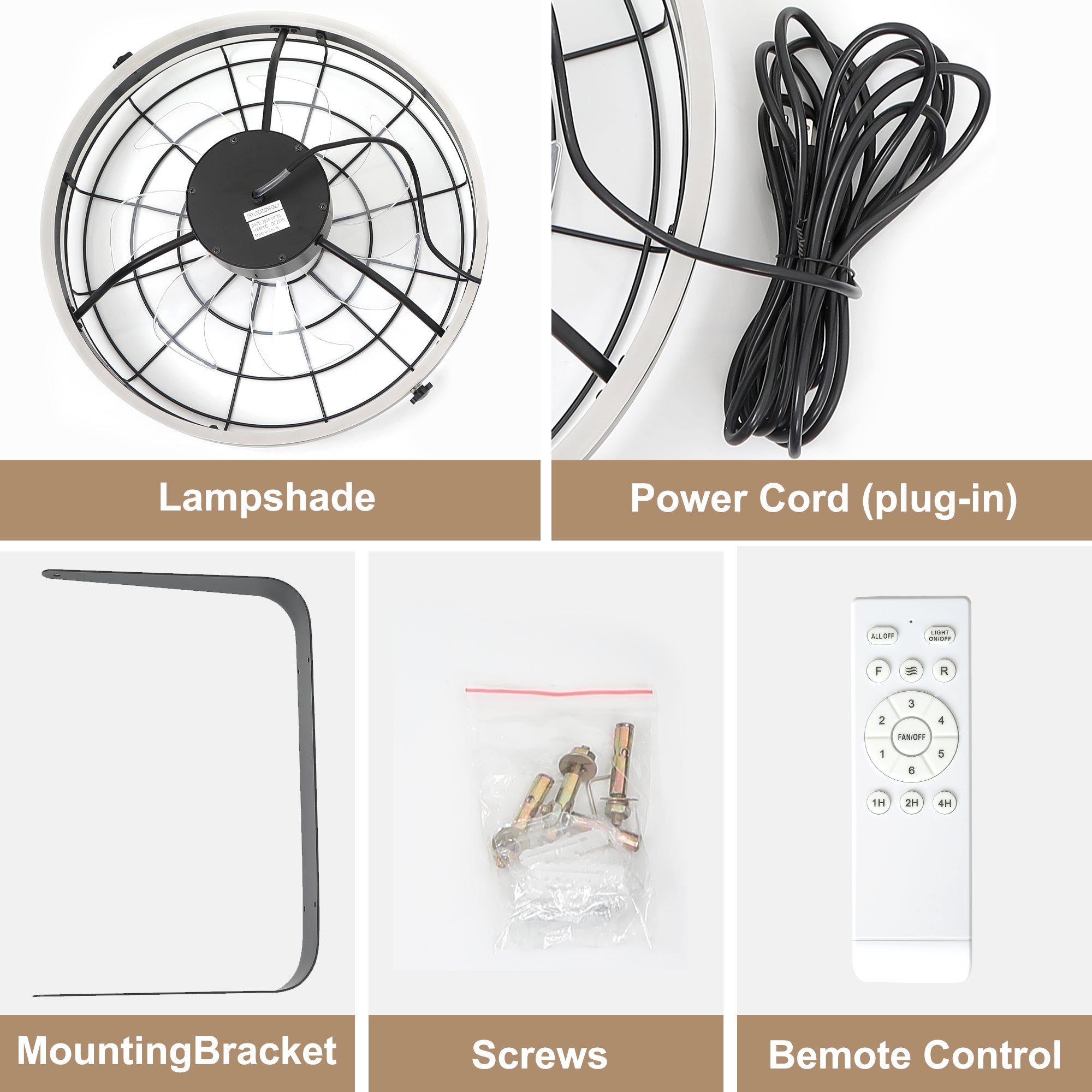 23 Inch Black Modern Wall Mounted Caged Ceiling Fan with Dimmable LED Lights and Remote, 6 Speeds Plug In Bladeless Ceiling Fan