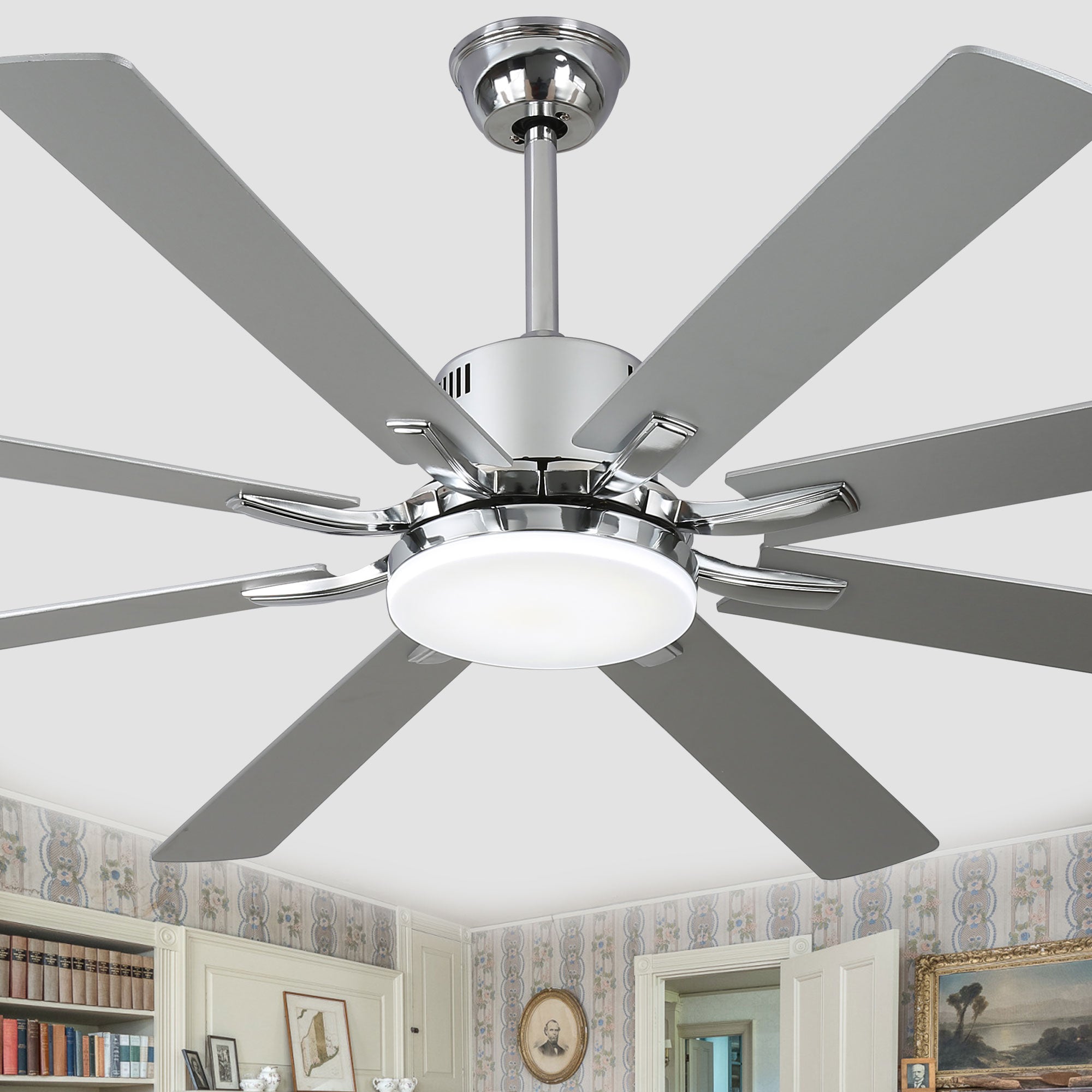 DC7203-BellaDepot 72" 8 Blades Black/Silver Finish Modern Urban Reversible Ceiling Fan with Remote and LED Light Kit Included, Large Size Dimmable Ceiling Fan